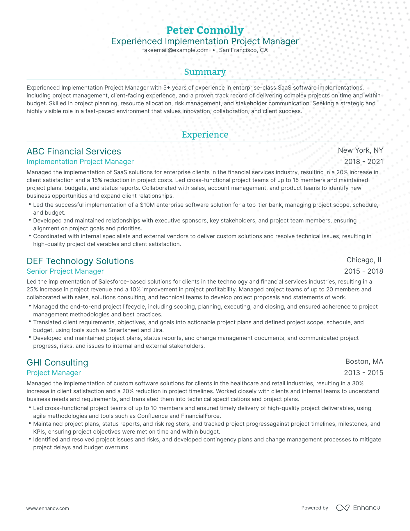 Traditional Implementation Project Manager Resume Template