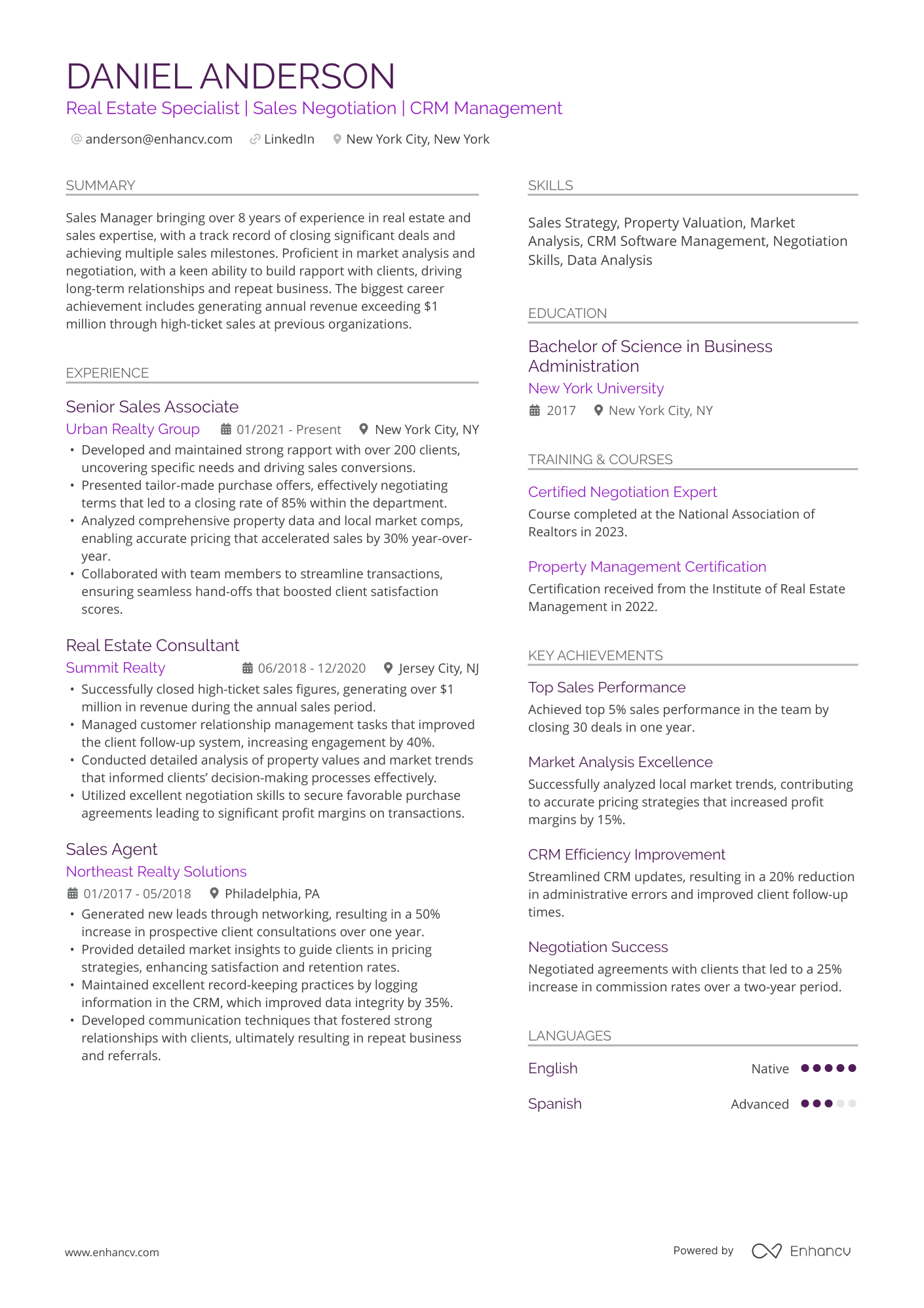 A resume example of a Real Estate Sales Manager