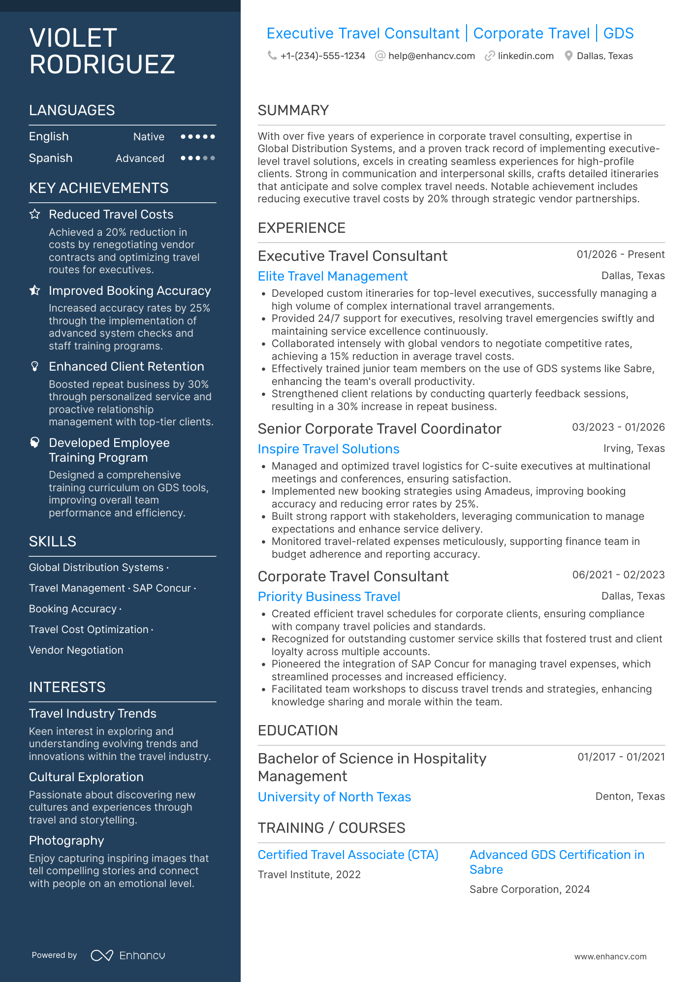 A resume example of a Executive Travel Consultant