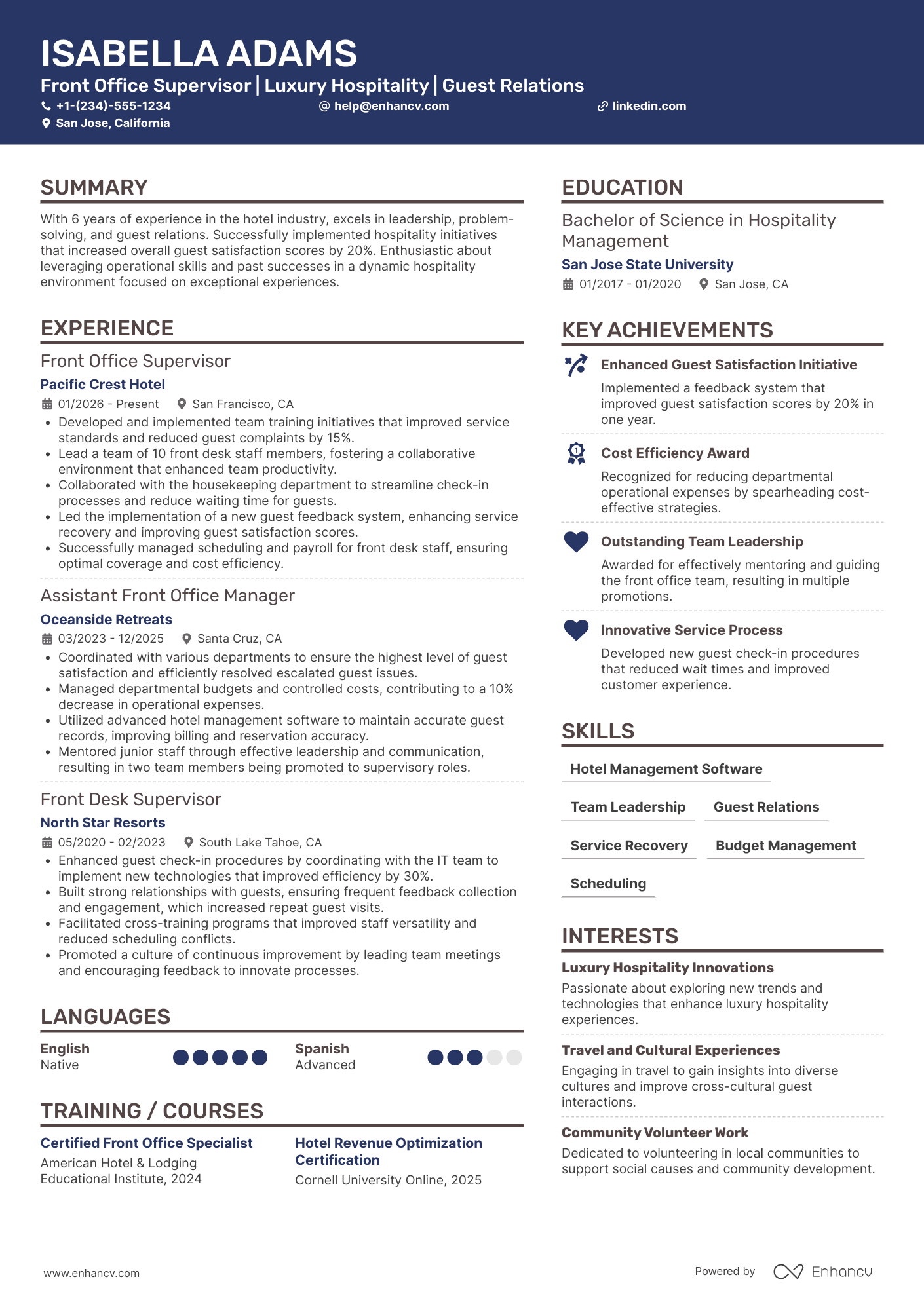 A resume example of a Assistant Front Office Manager