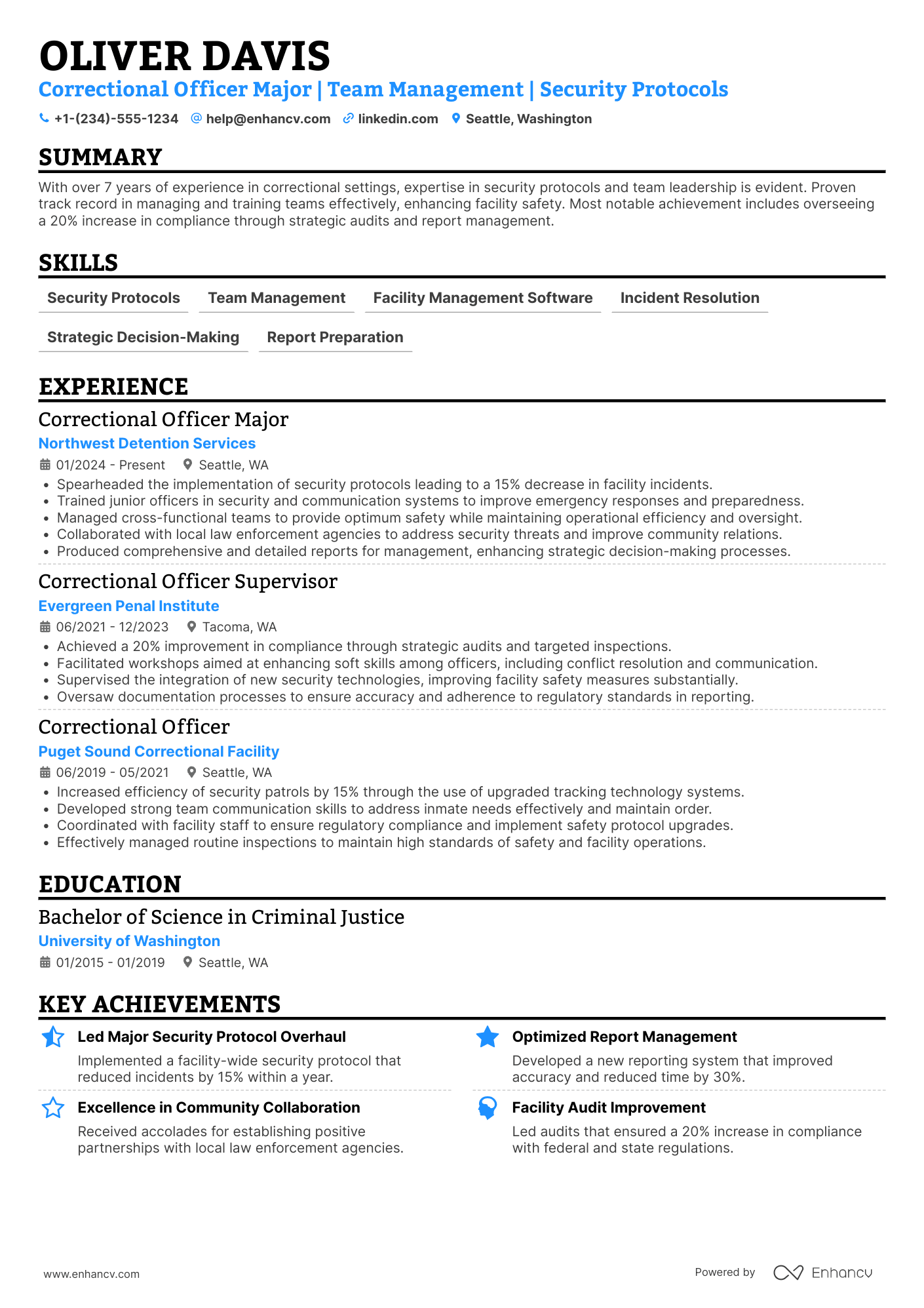A resume example of a Correctional Officer Major