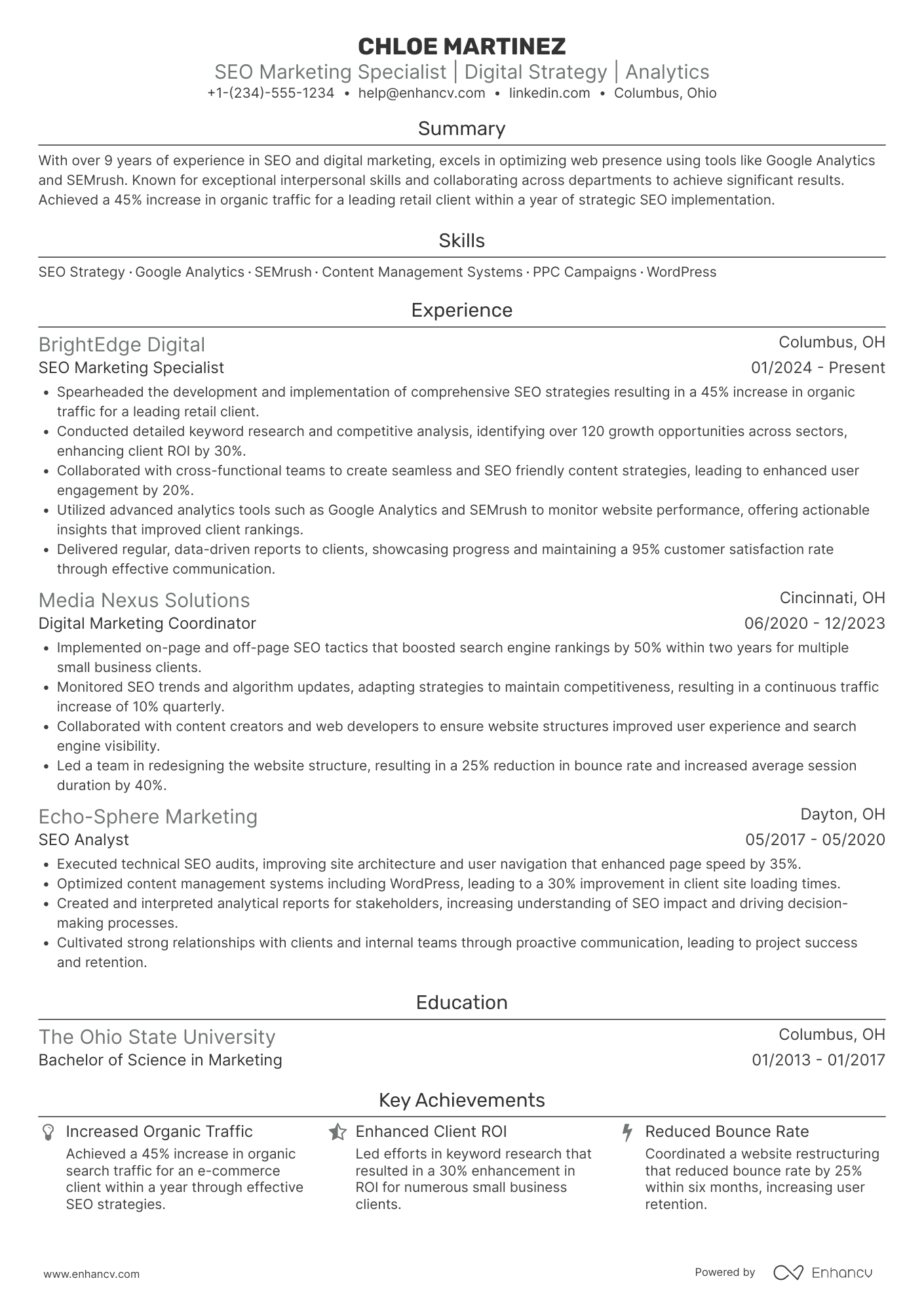 A resume example of a SEO Marketing Coordinator