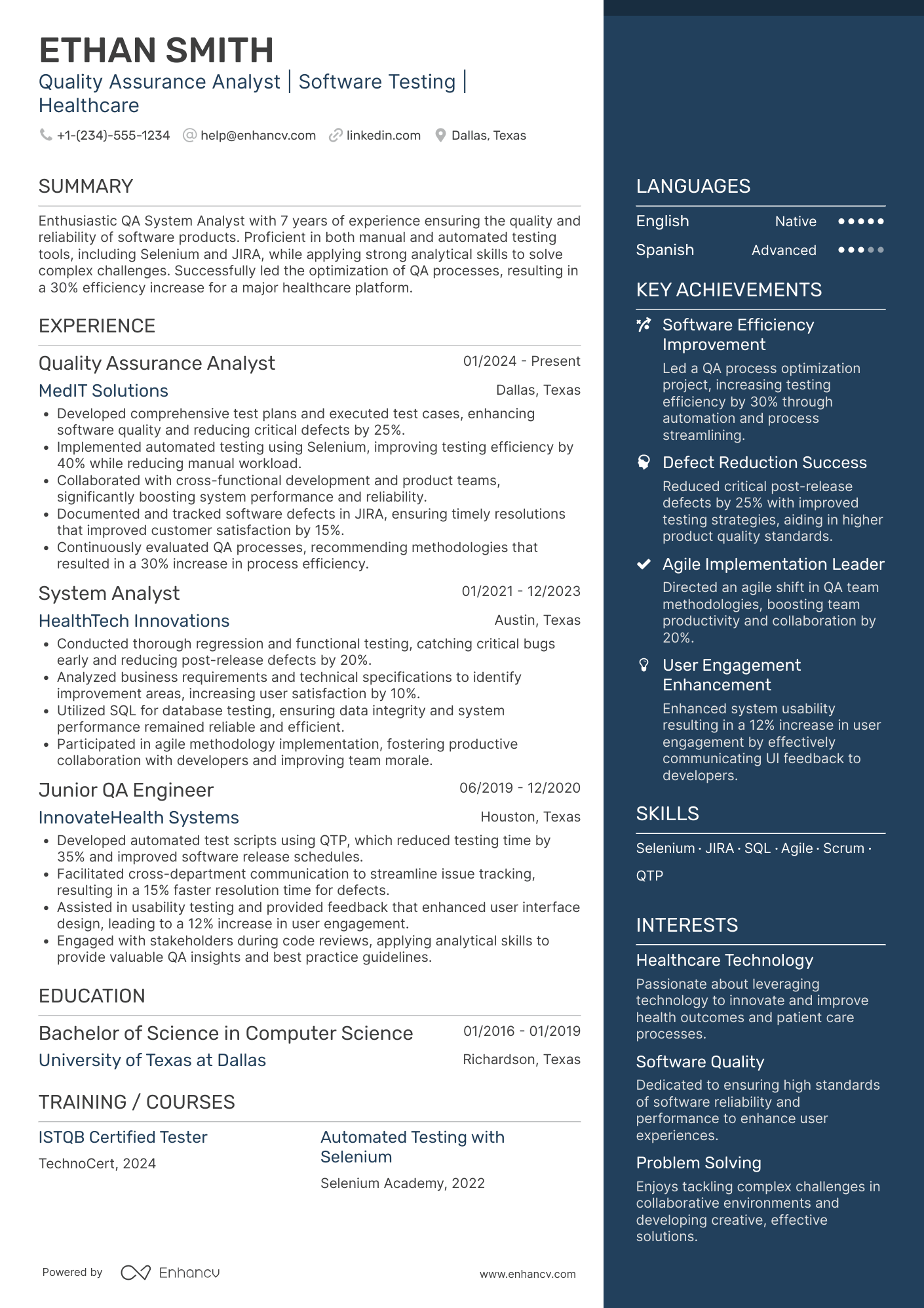 A resume example of a Quality Assurance System Analyst