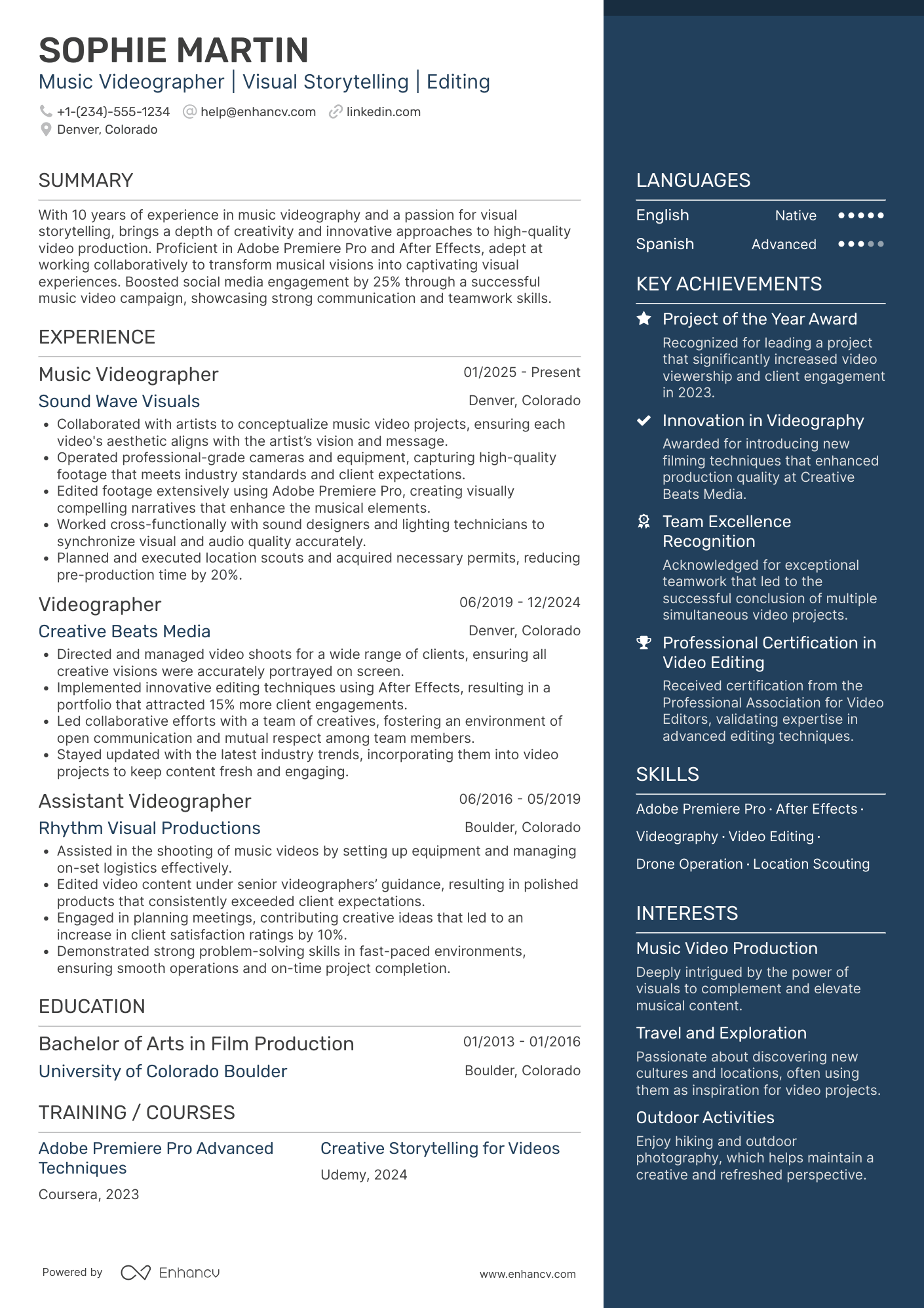 A resume example of a Music Videographer