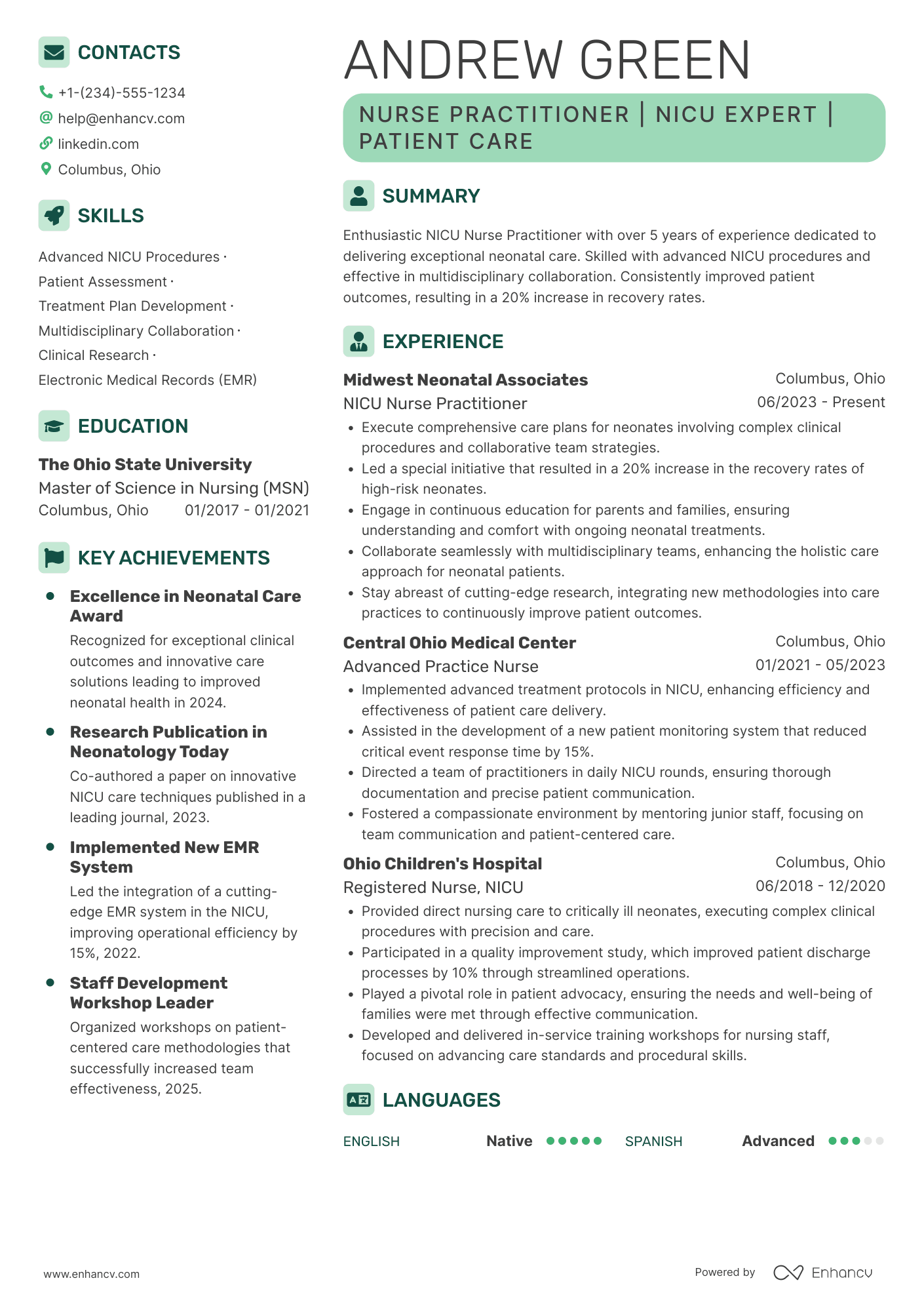 A resume example of a NICU Nurse Practitioner (NP)
