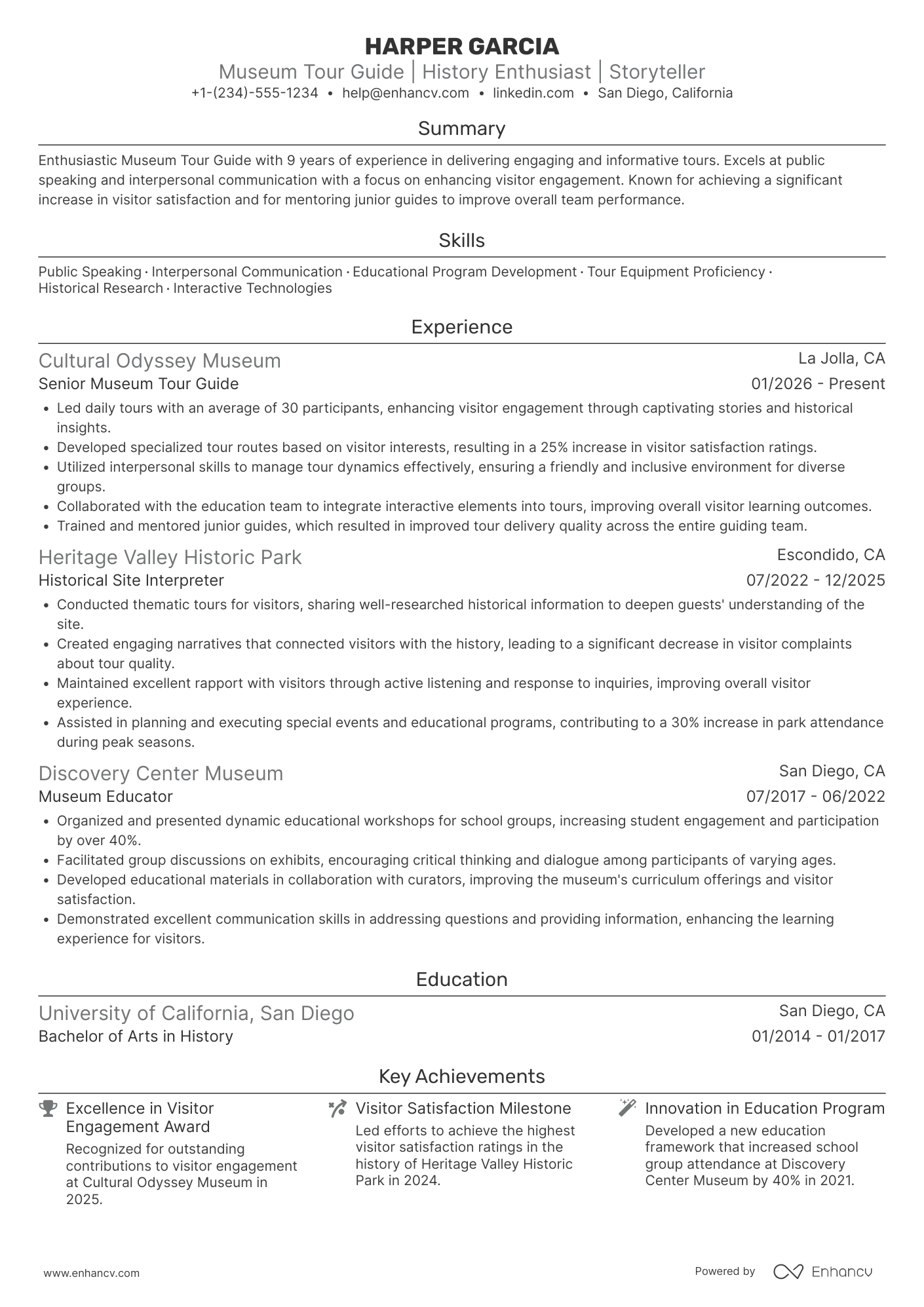 A resume example of a Museum Tour Guide