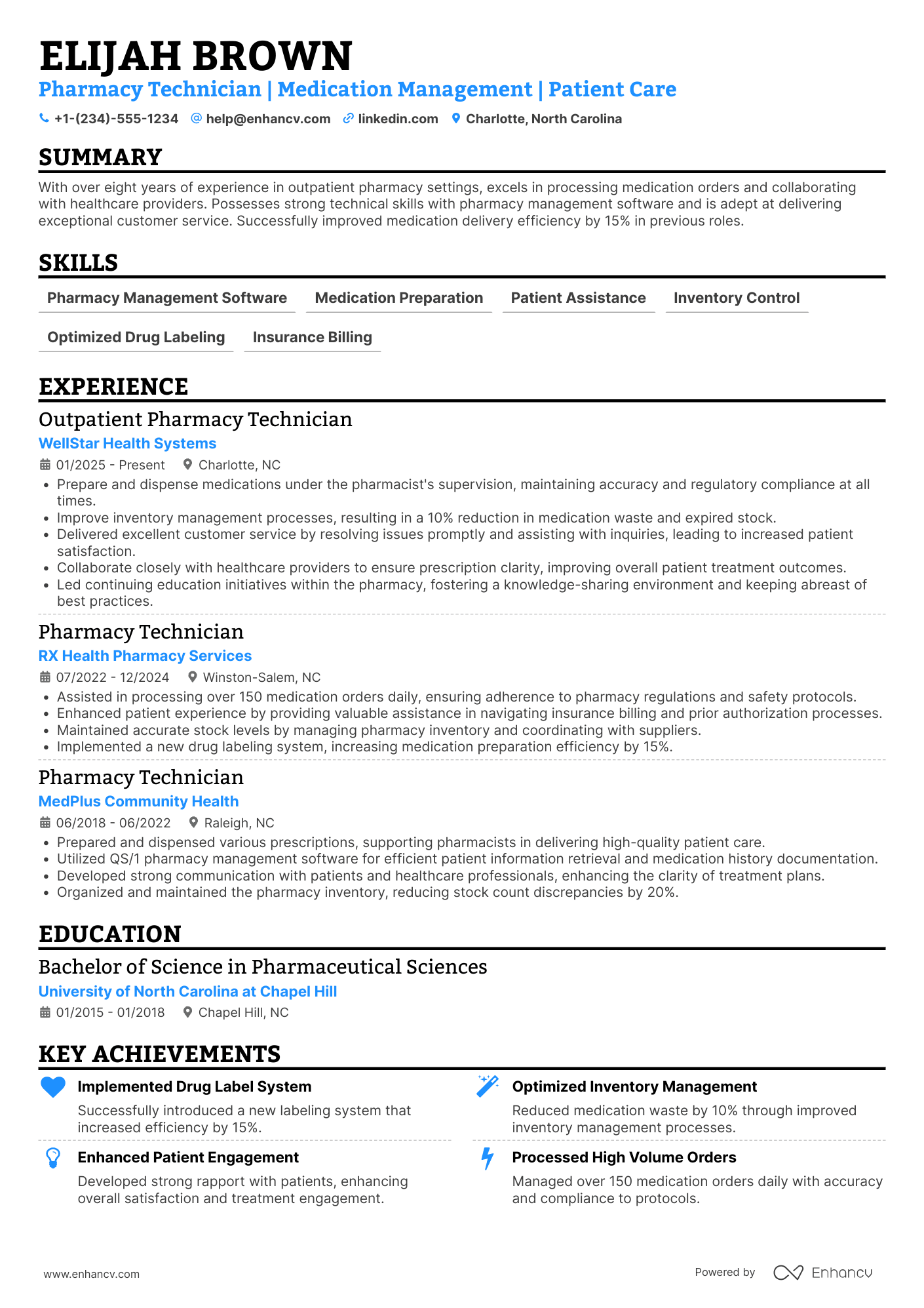 A resume example of a Outpatient Pharmacy Technician