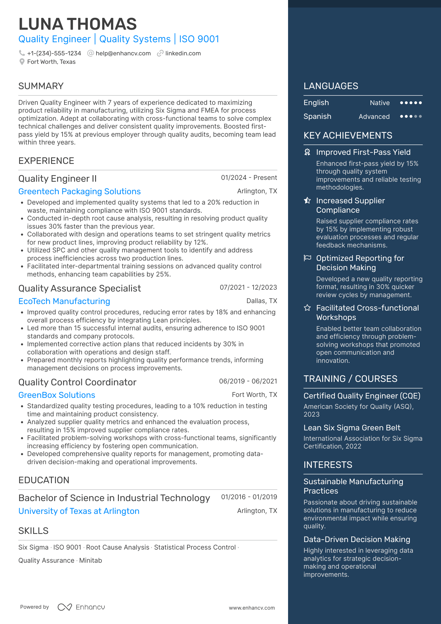 A resume example of a Quality Engineer II