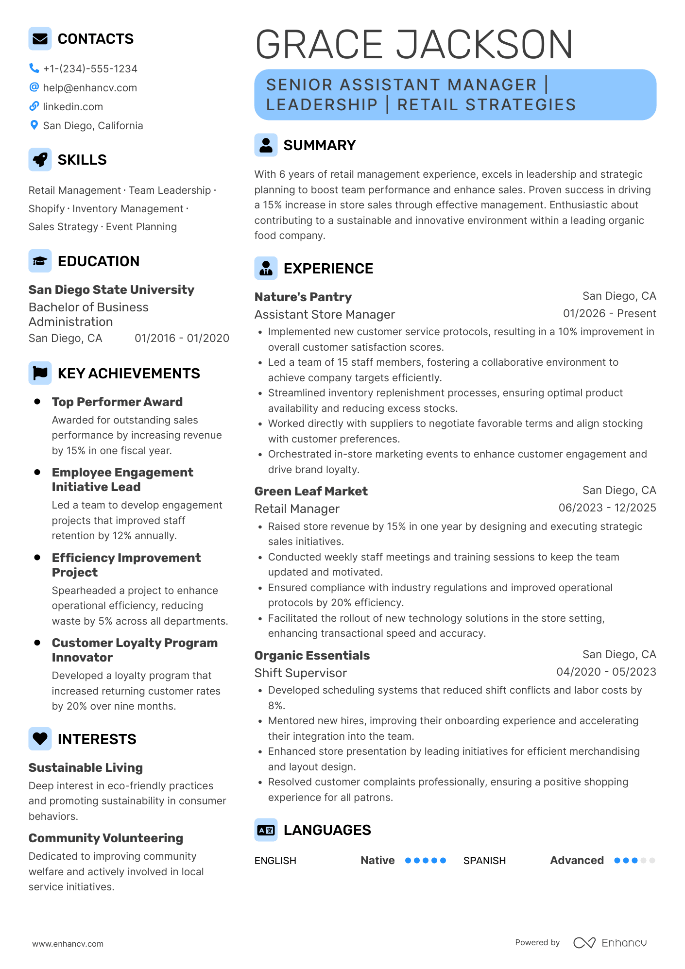 A resume example of a Senior Assistant Manager