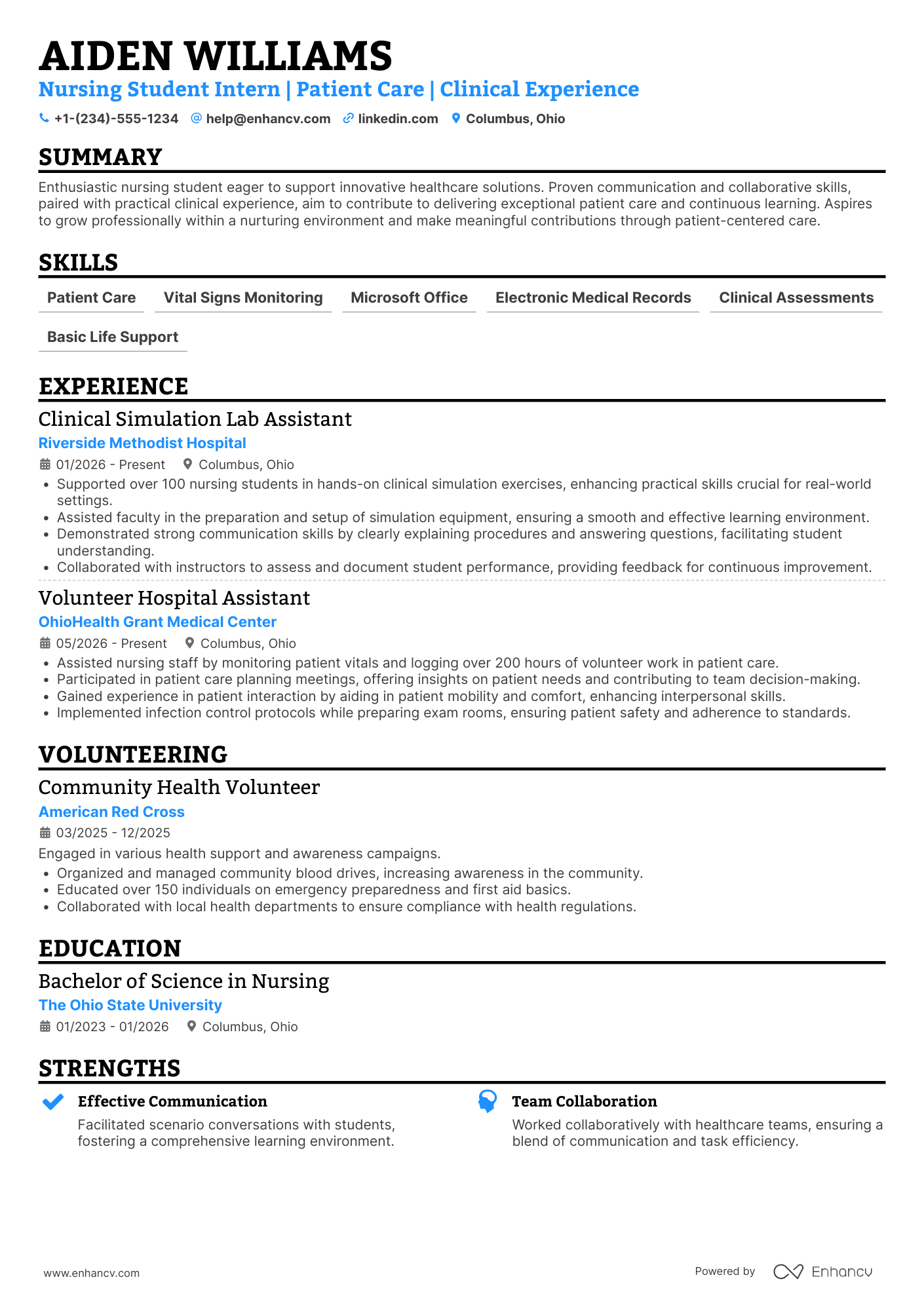 A resume example of a Nursing Student Summer Internship