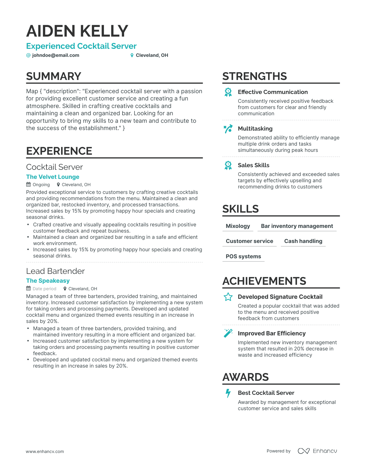 Cocktail Waitress Resume