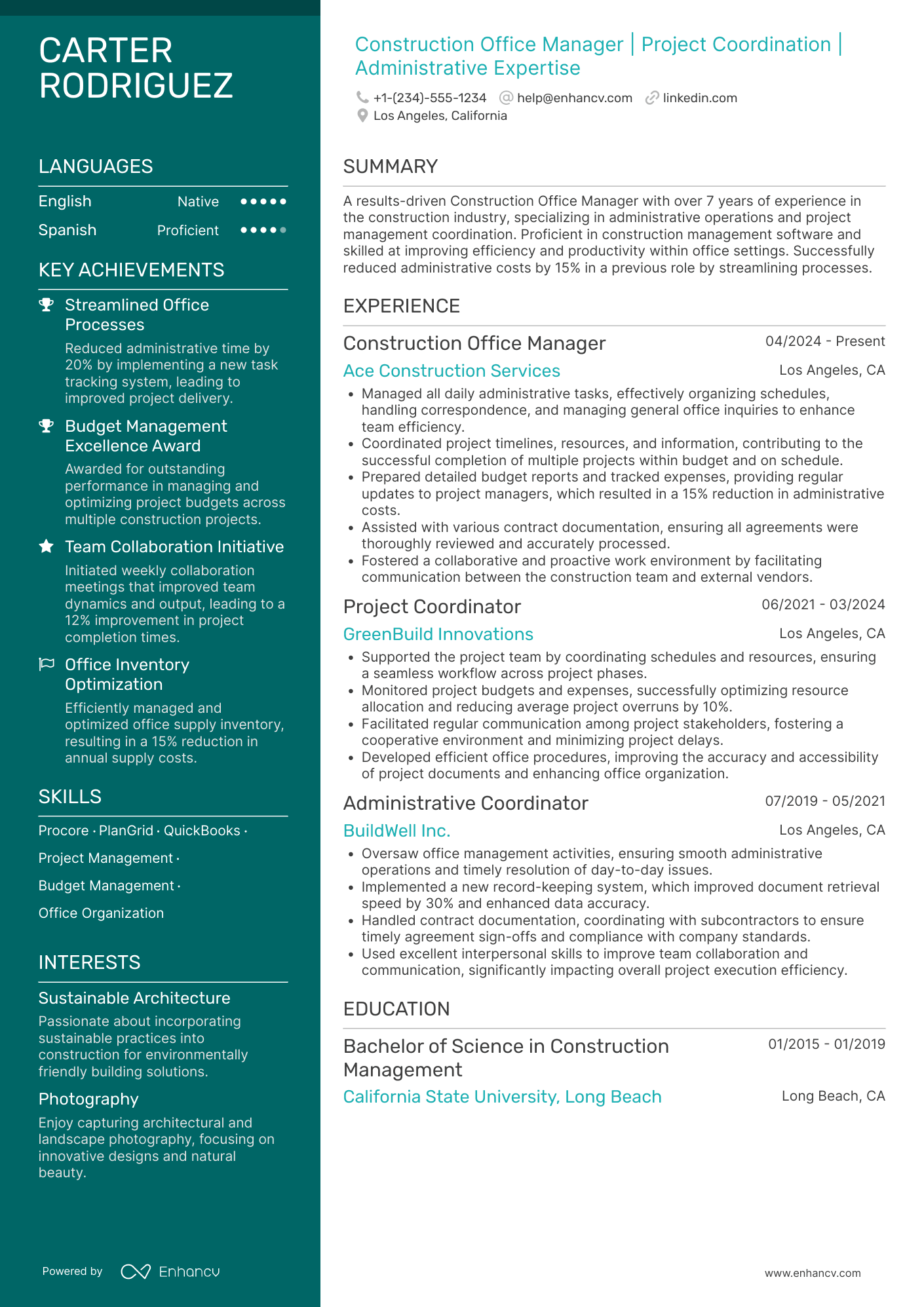 A resume example of a Construction Office Manager