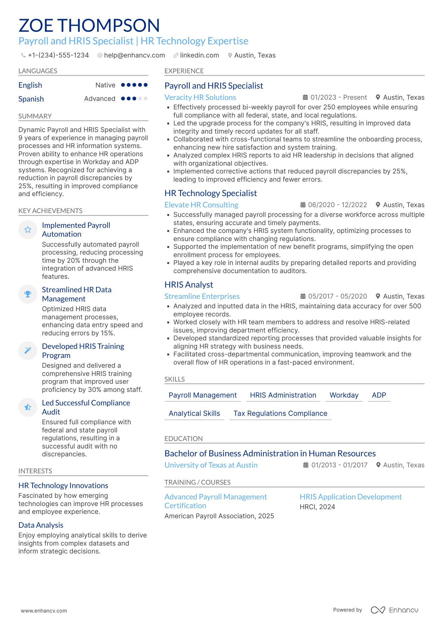 A resume example of a Payroll and HRIS Specialist