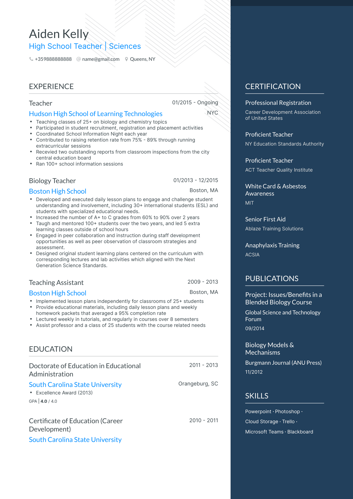 One Page Teacher Resume Template