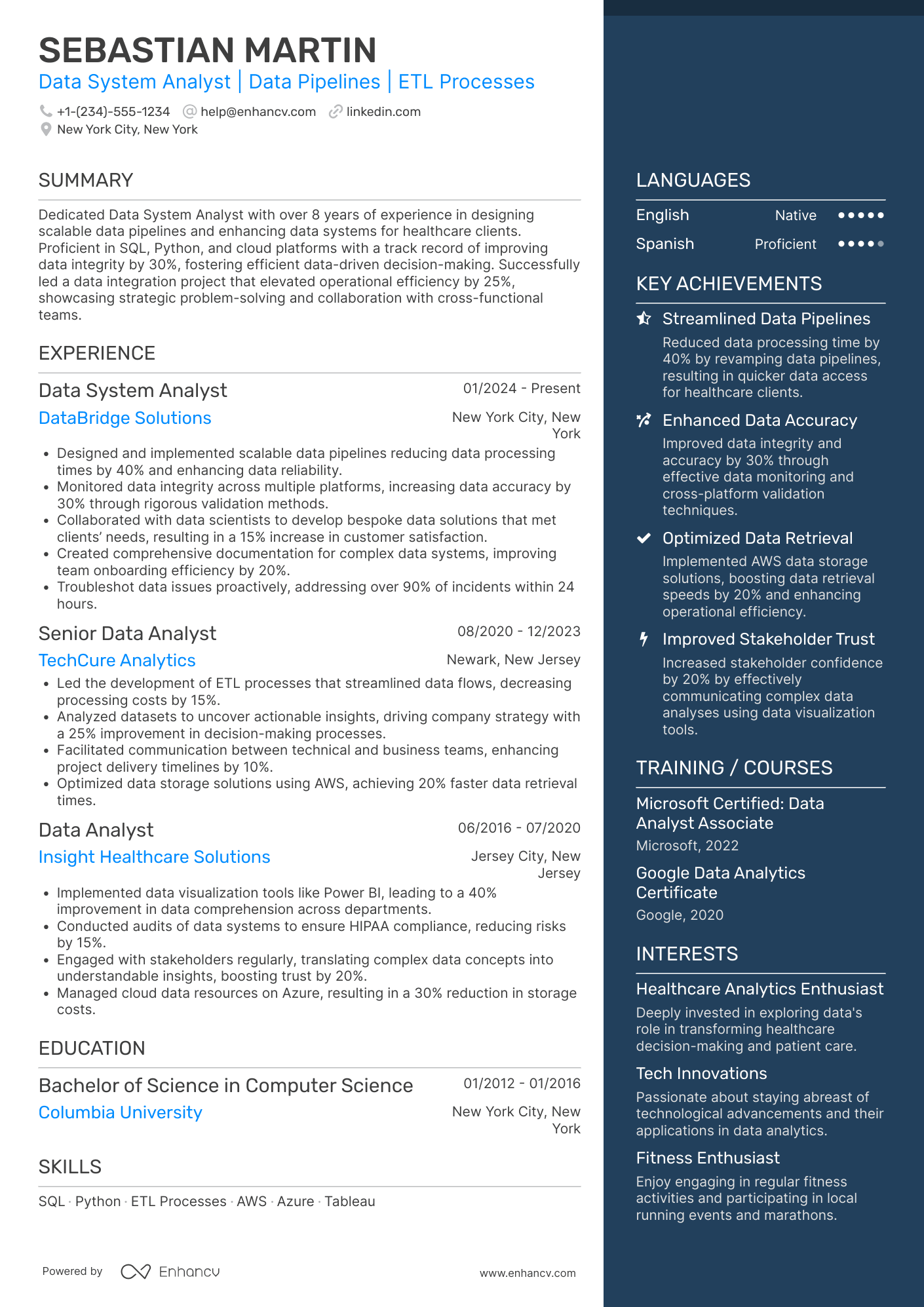A resume example of a Data System Analyst