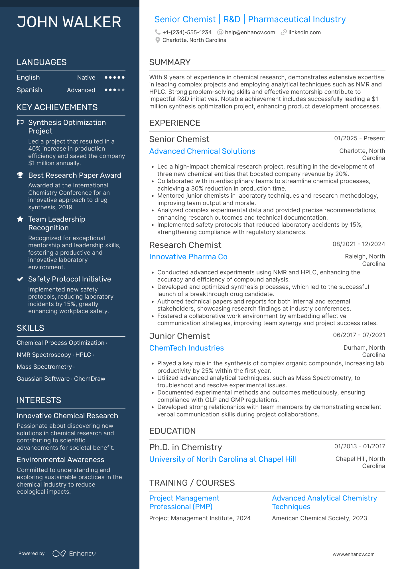 A resume example of a Senior Chemist