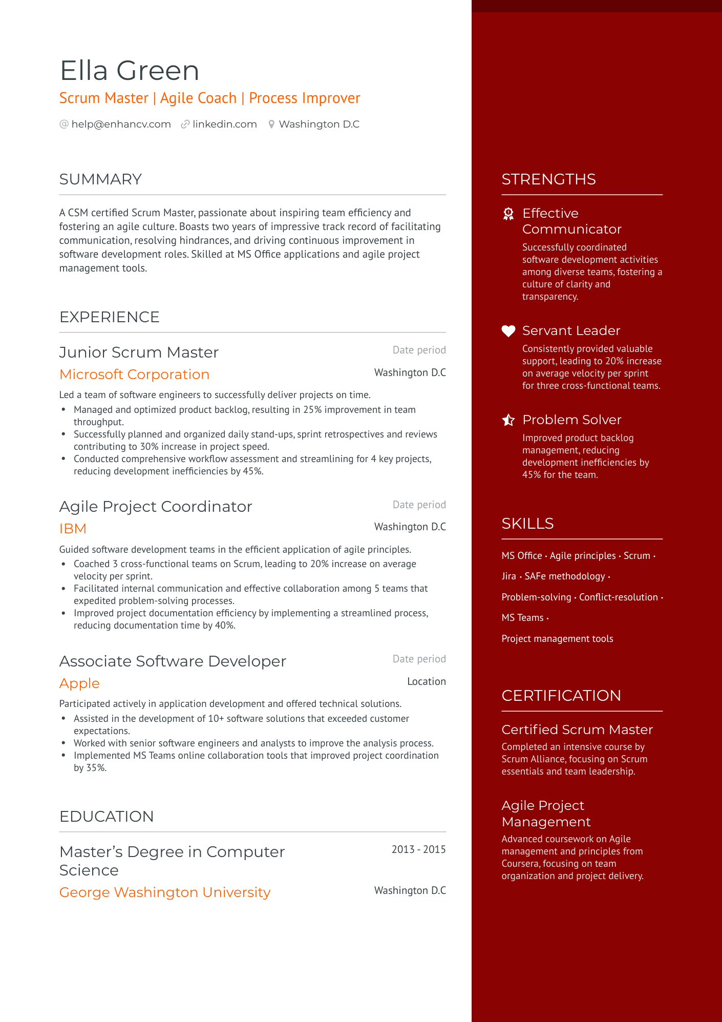 entry level scrum master resume summary