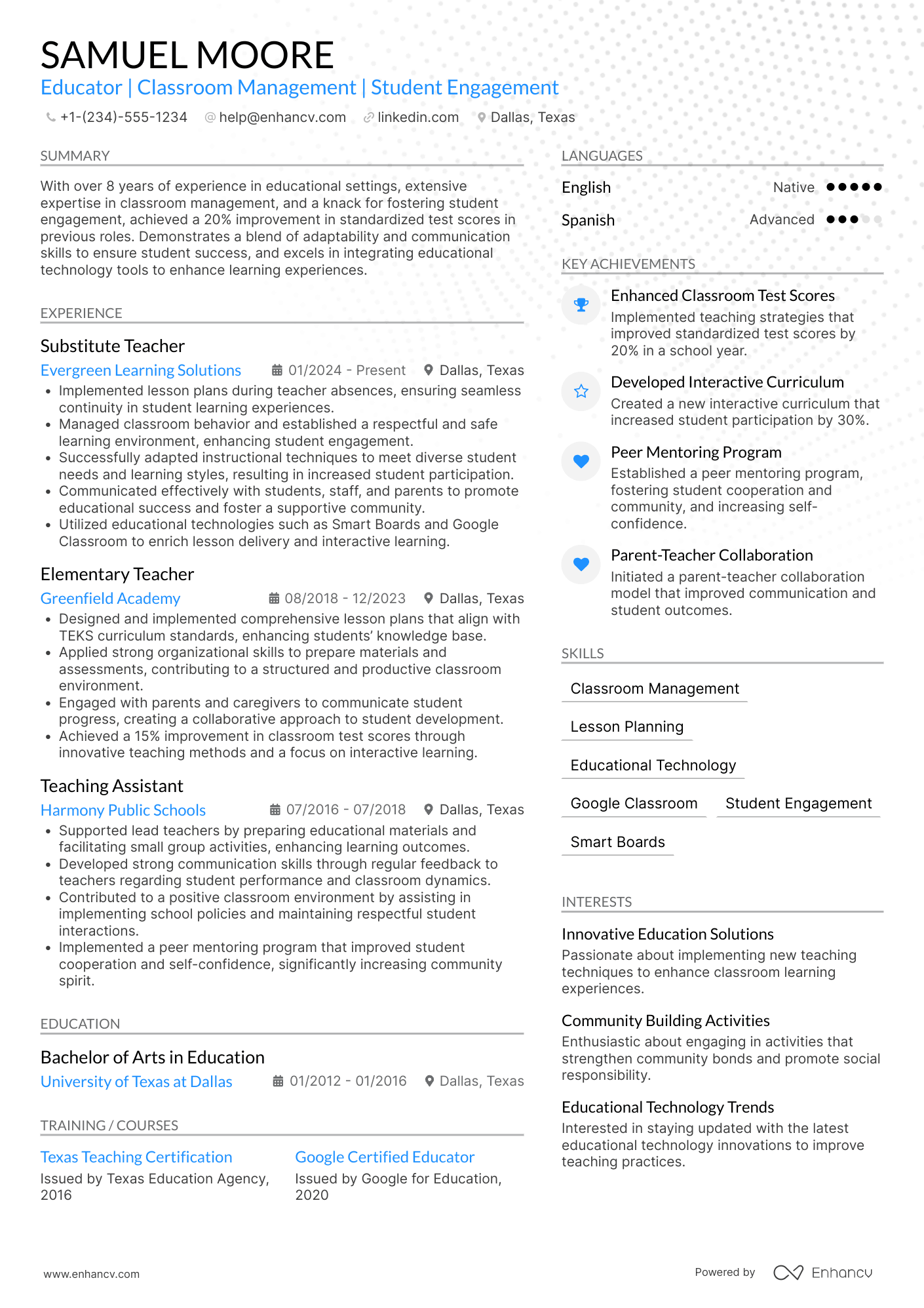 A resume example of a Elementary Substitute Teacher