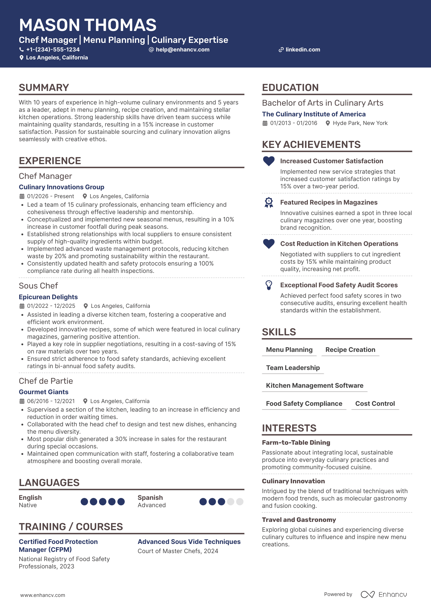 A resume example of a Chef Manager