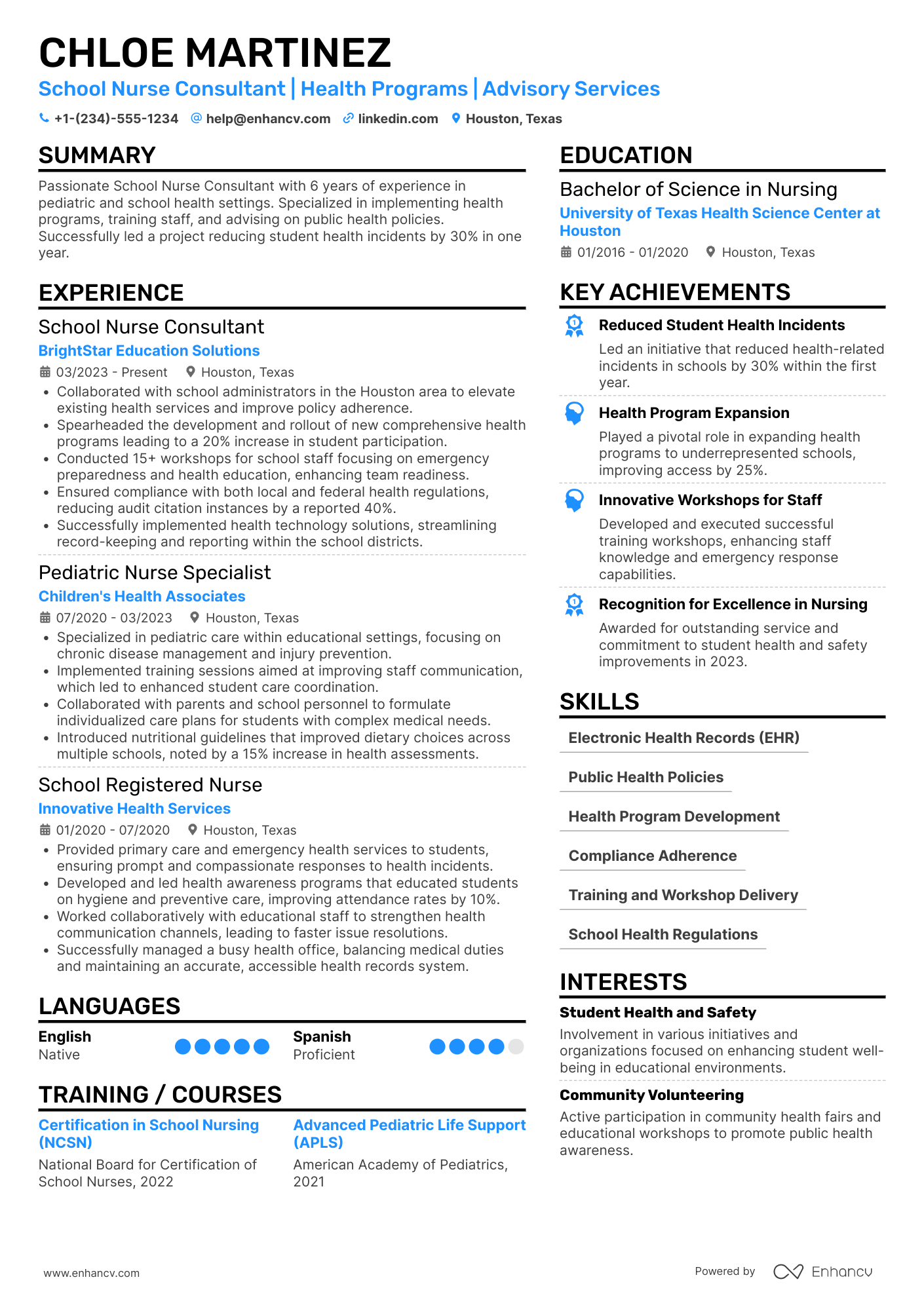 A resume example of a School Nurse Consultant