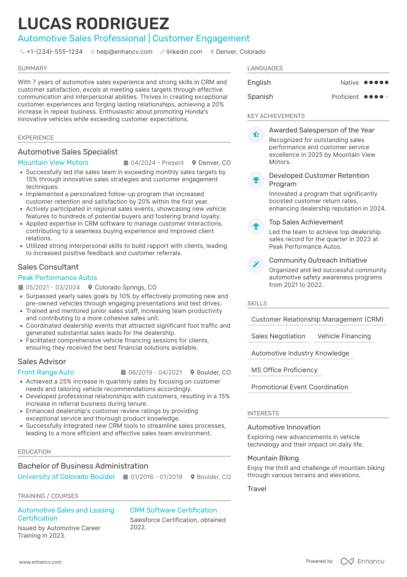 A resume example of a Honda Car Salesman