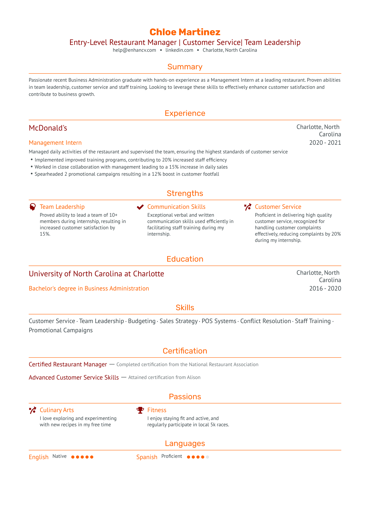 resume summary for restaurant manager