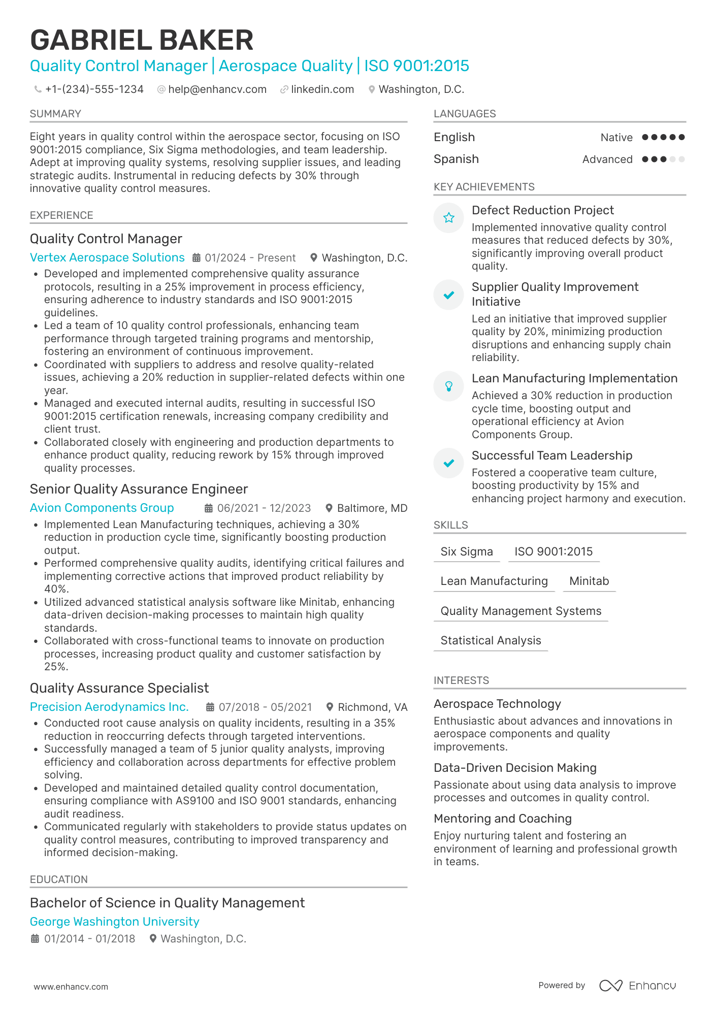 A resume example of a Quality Control Manager