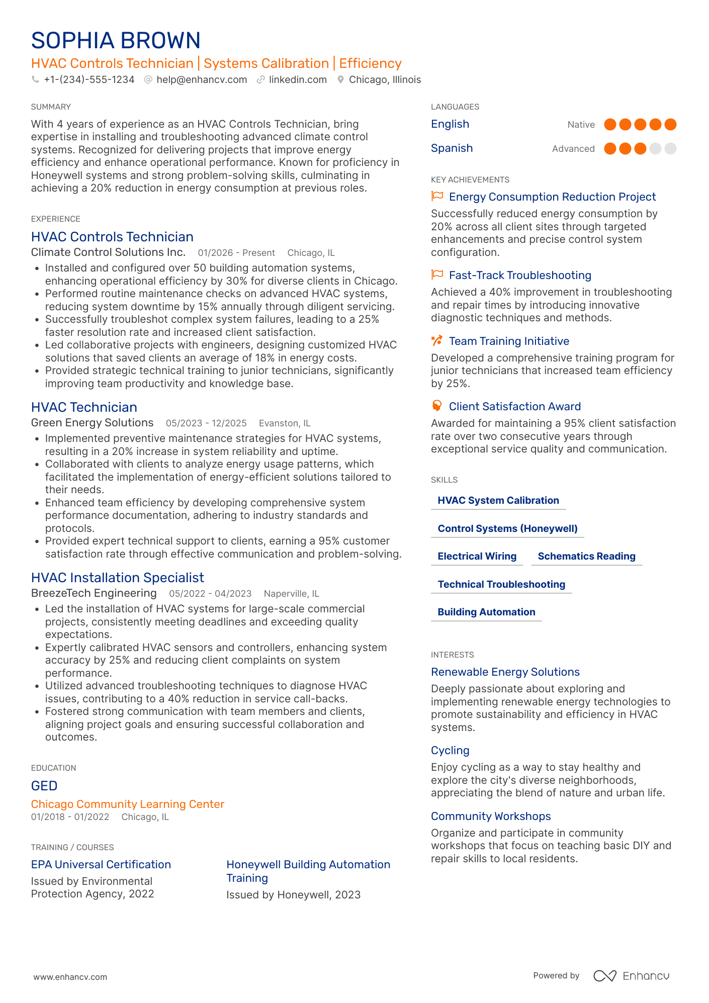 A resume example of a HVAC Controls Technician