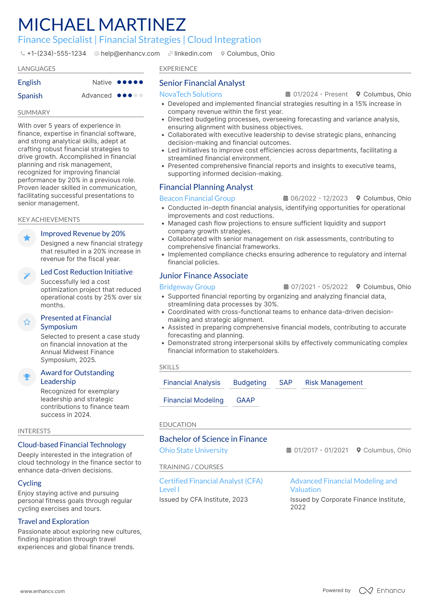 A resume example of a Executive Finance Specialist