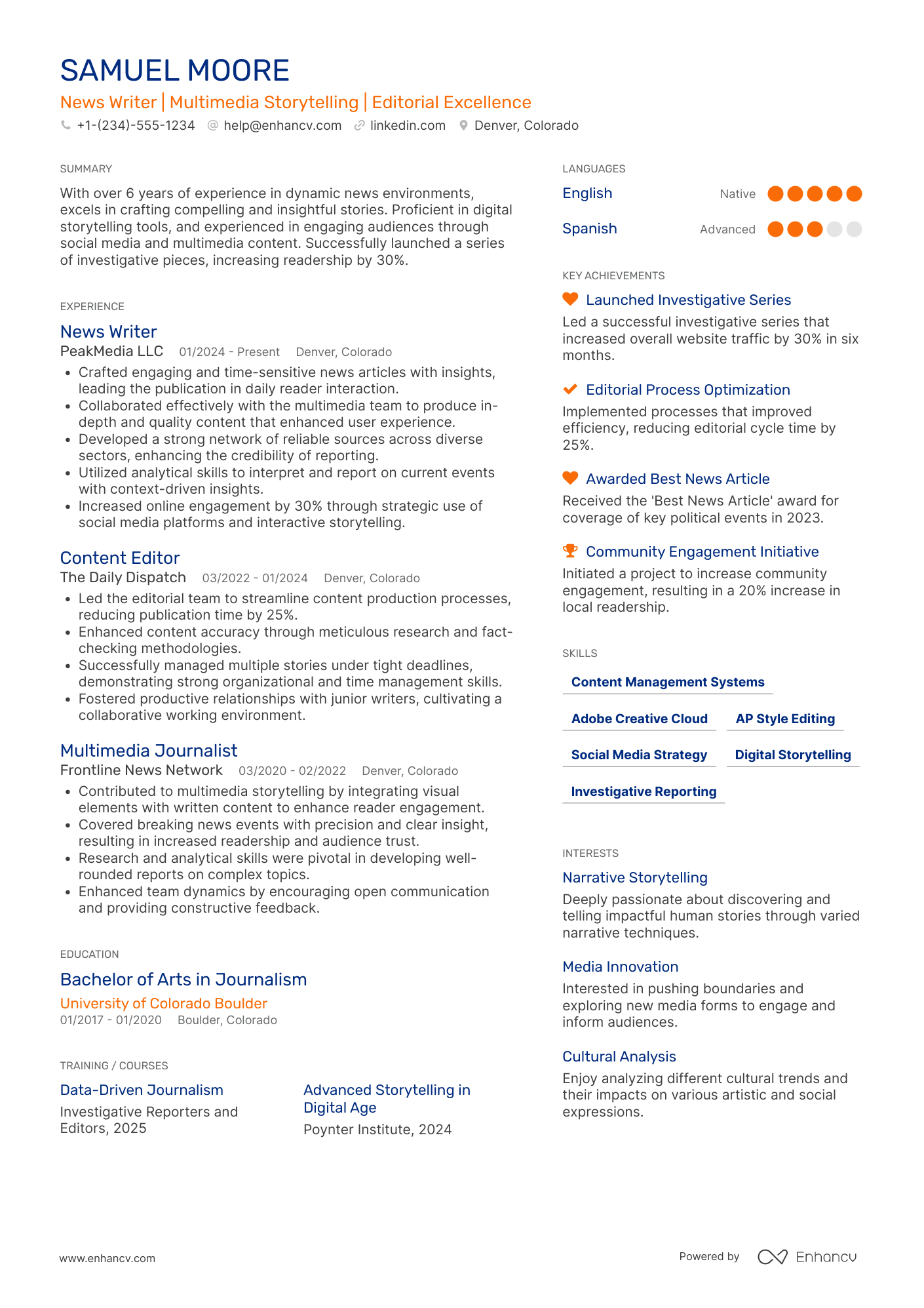 A resume example of a News Writer