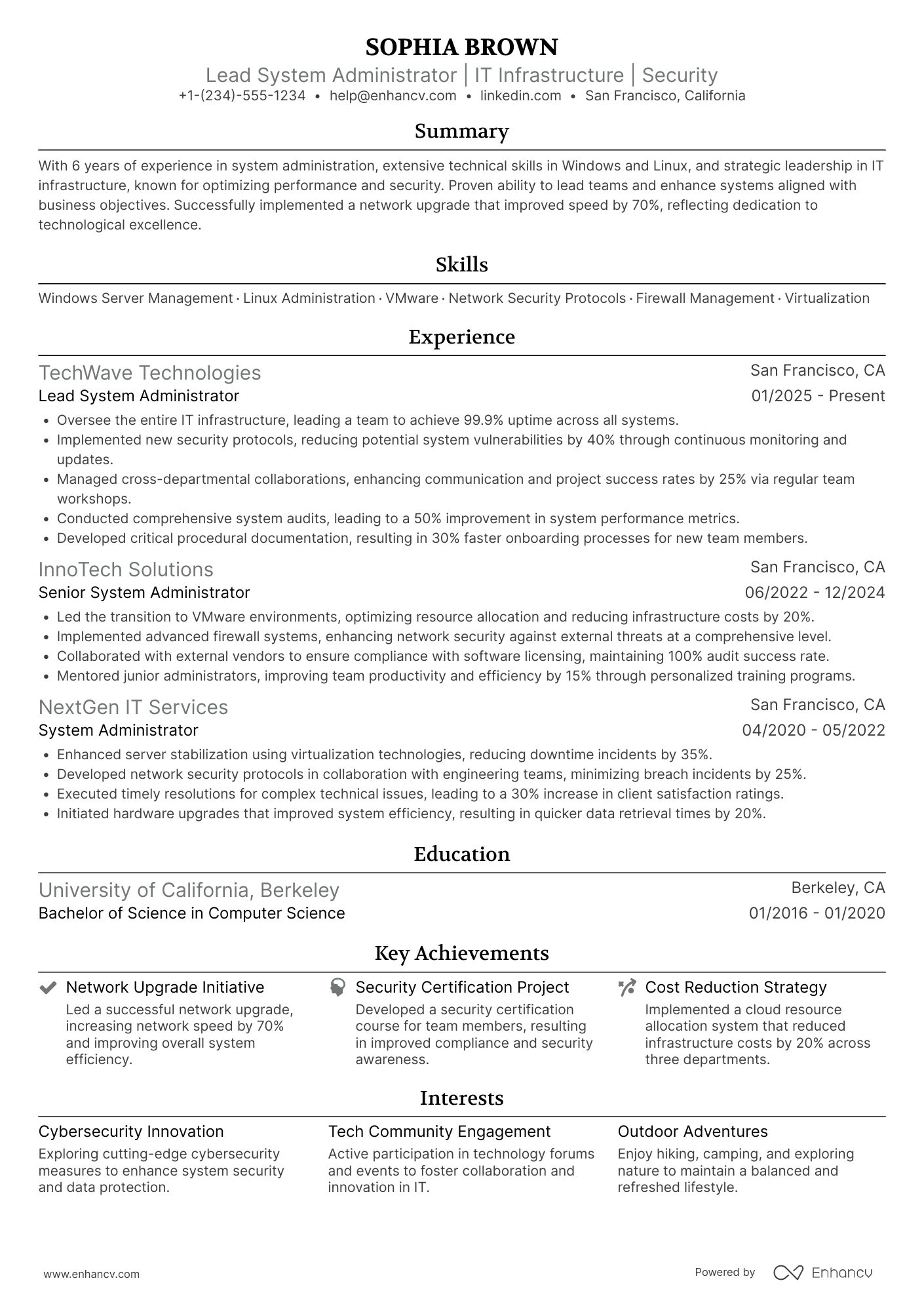 A resume example of a Lead System Administrator