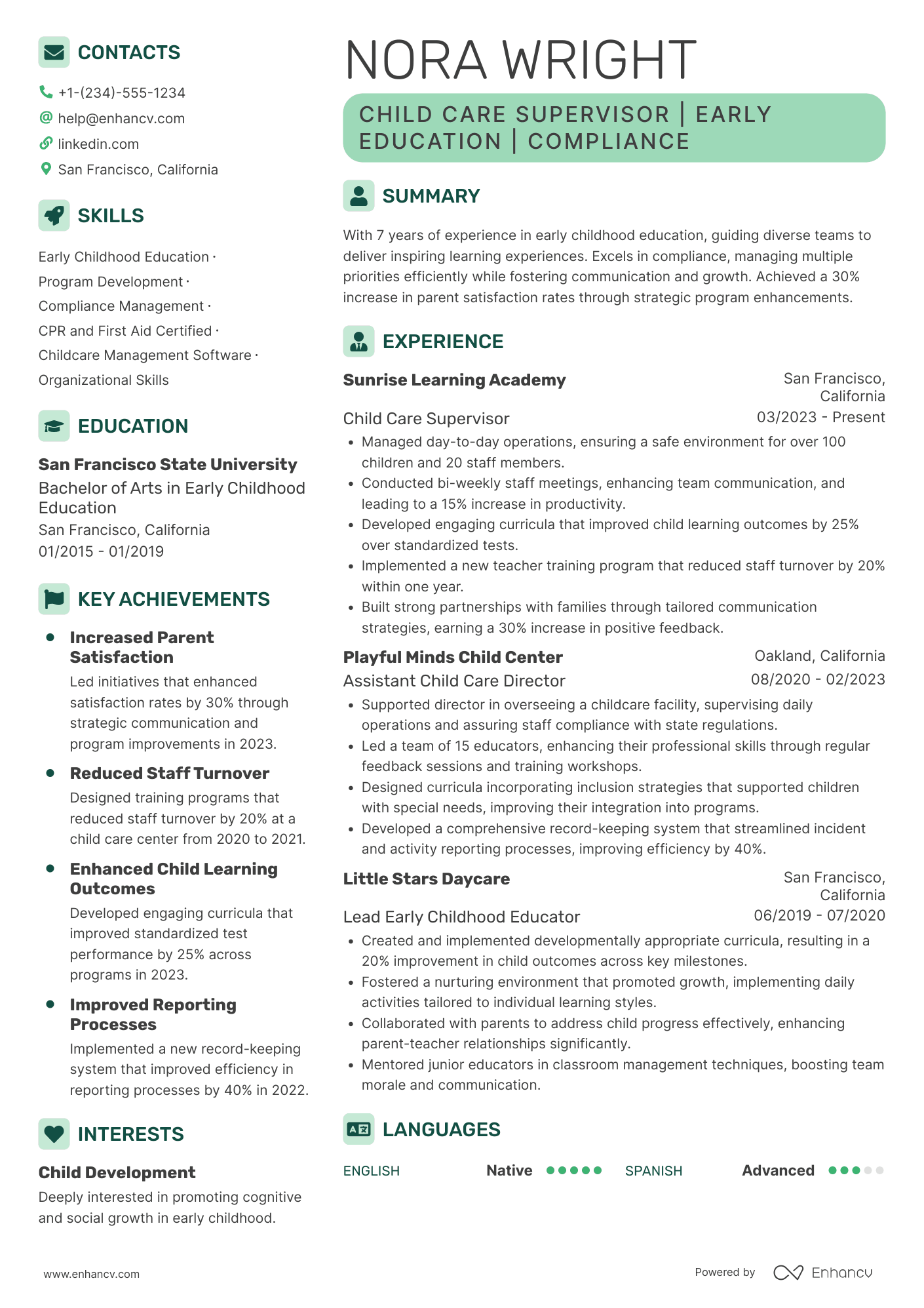 A resume example of a Child Care Supervisor