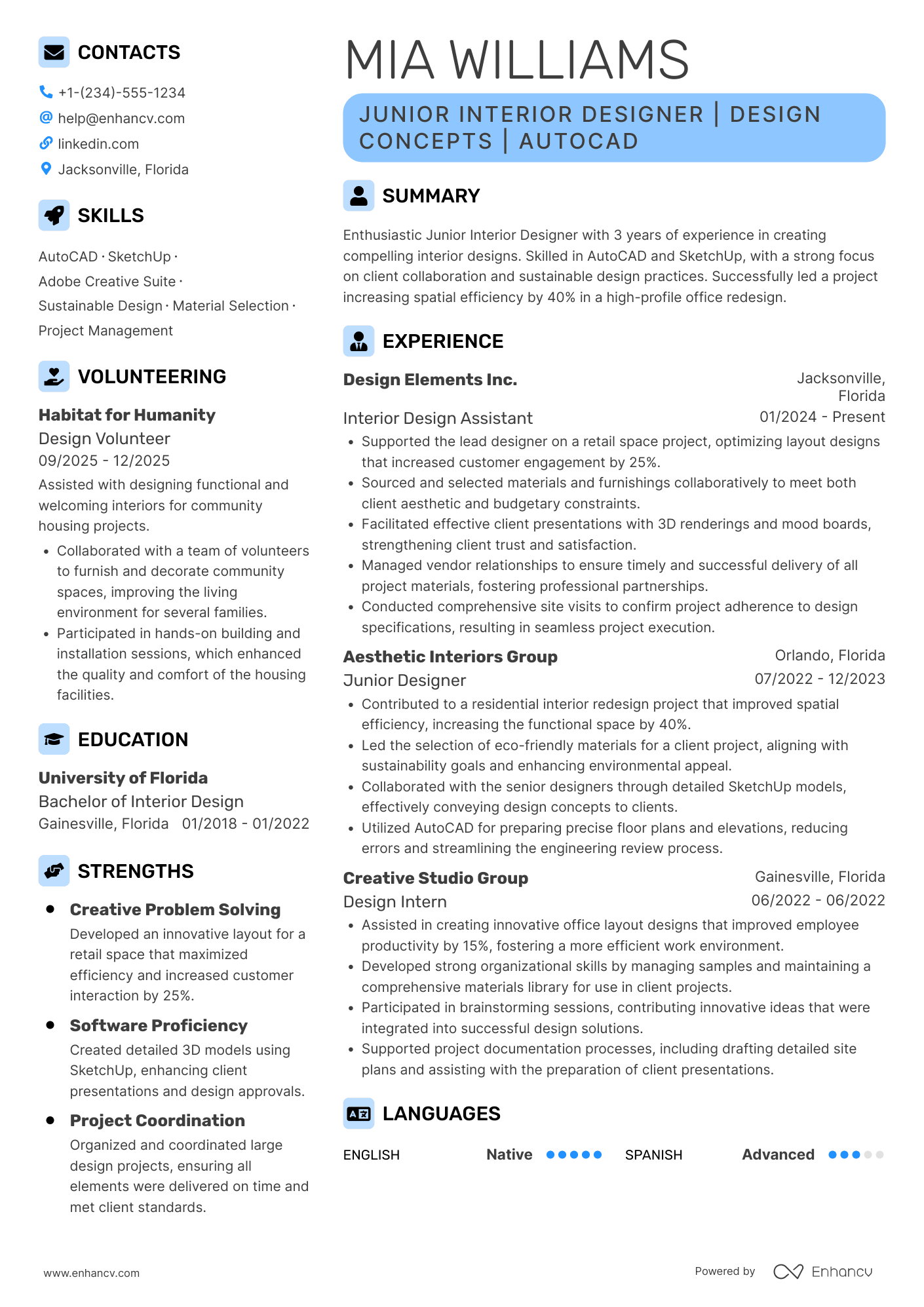 A resume example of a Junior Interior Designer