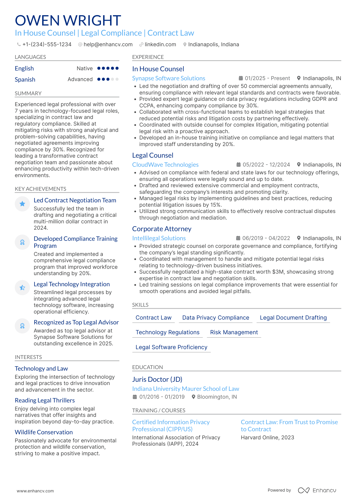 A resume example of a In House Counsel