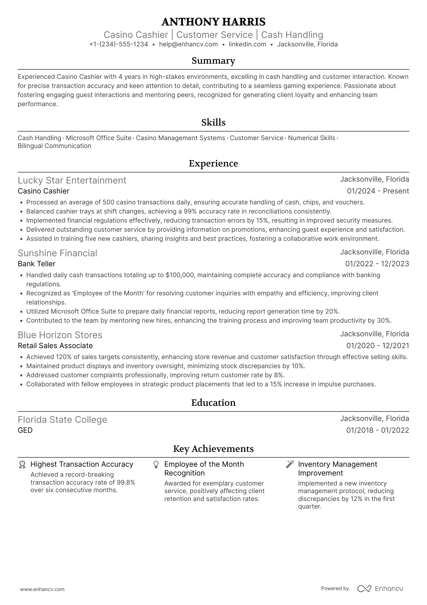 A resume example of a Casino Cashier