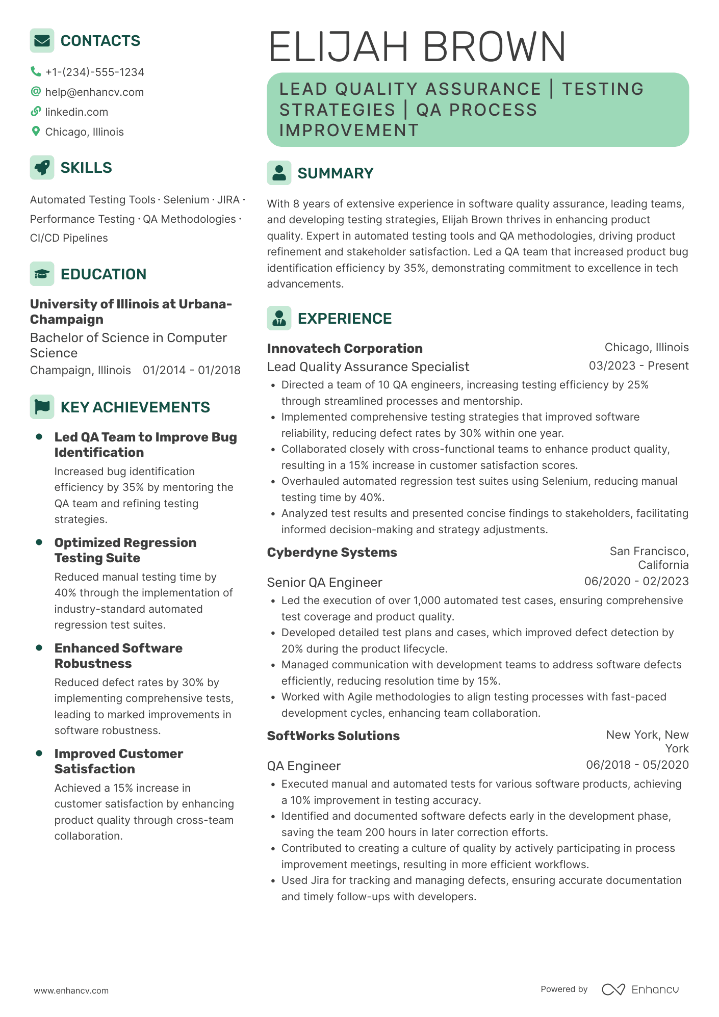 A resume example of a Lead Quality Assurance Specialist