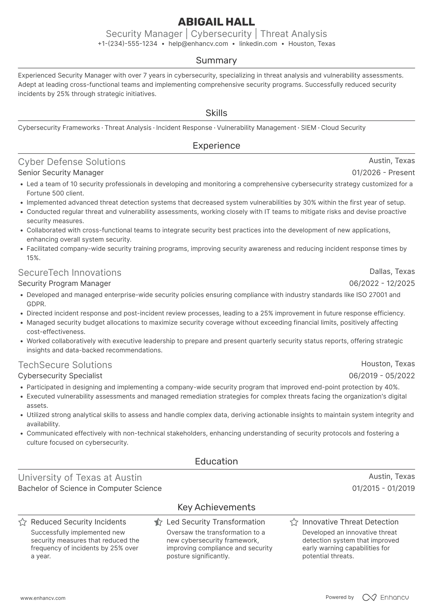 A resume example of a Senior Security Manager