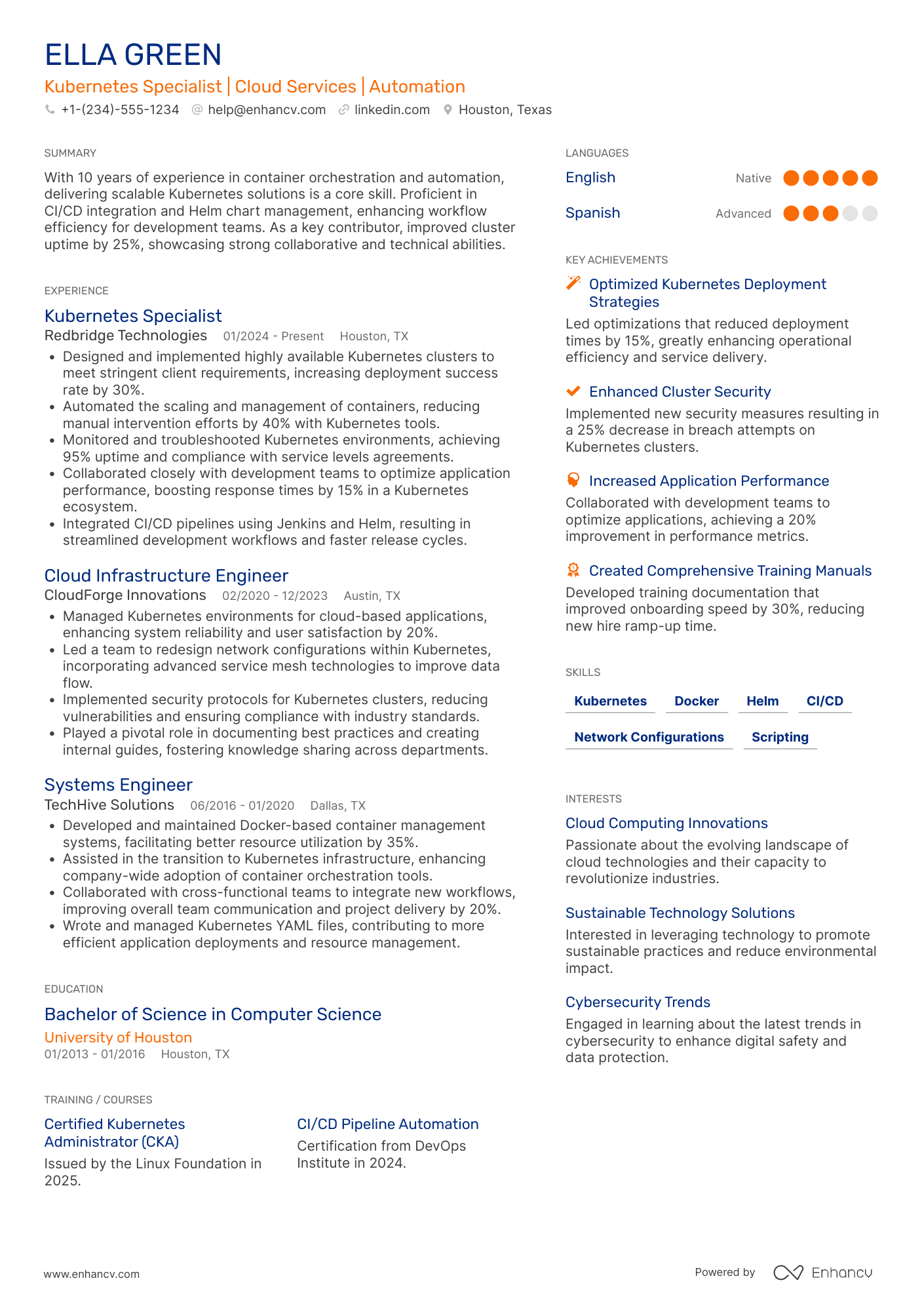 A resume example of a Kubernetes Specialist