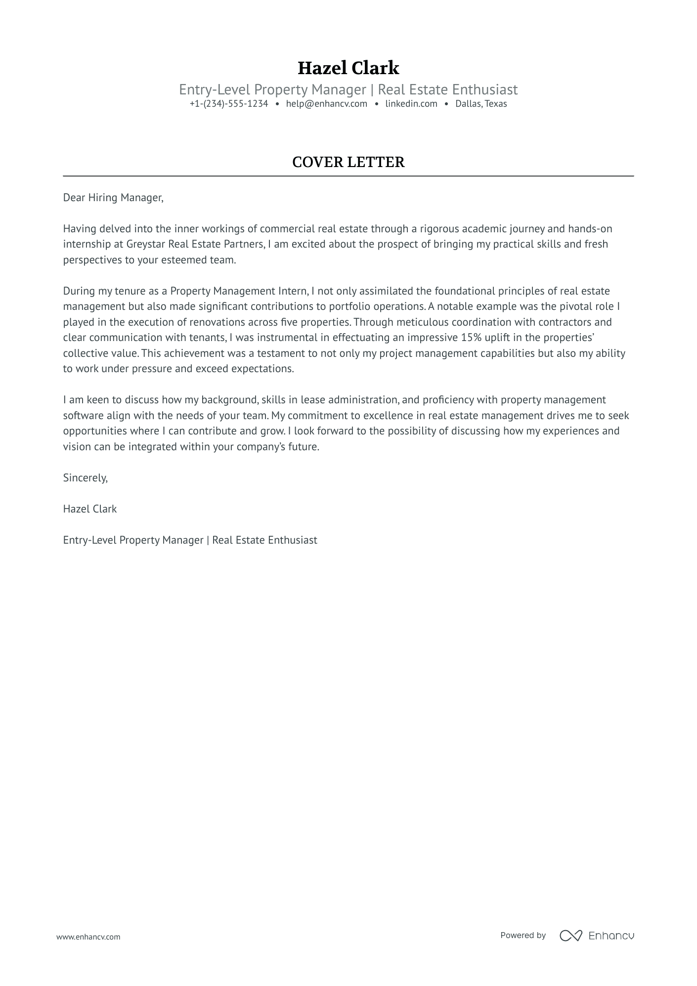 cover letter for property manager position