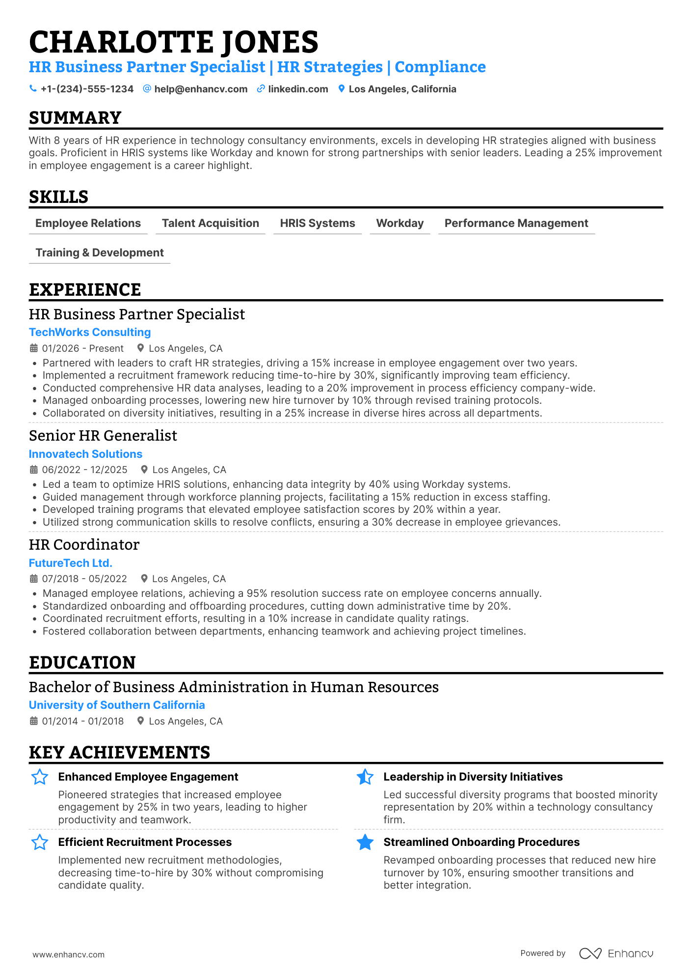 A resume example of a HR Business Partner Specialist