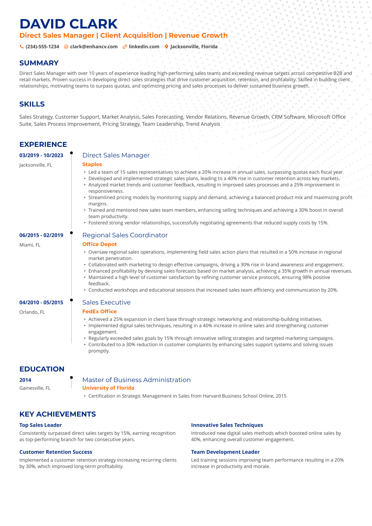 A resume example of a Direct Sales Manager