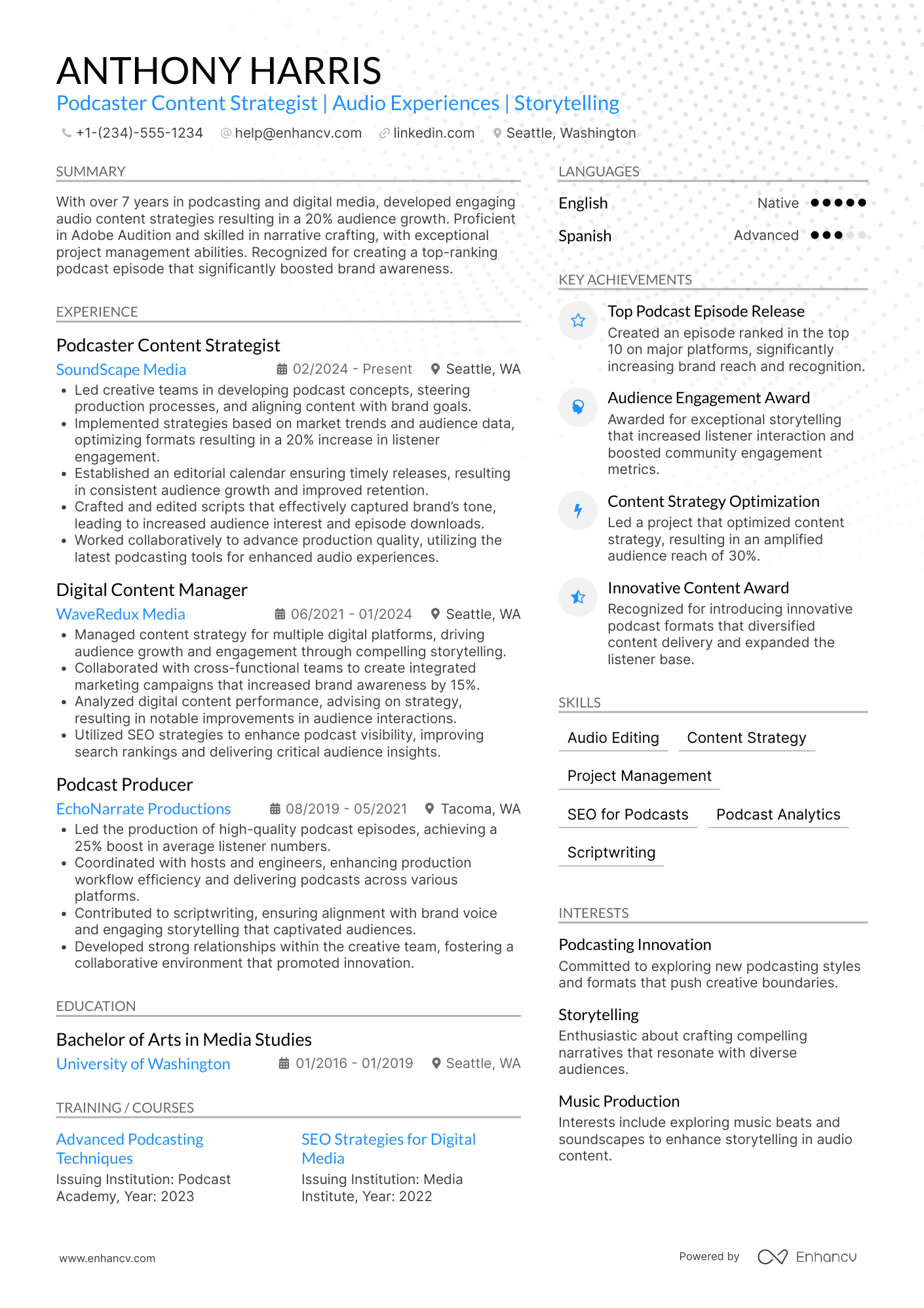 A resume example of a Podcaster Content Strategist