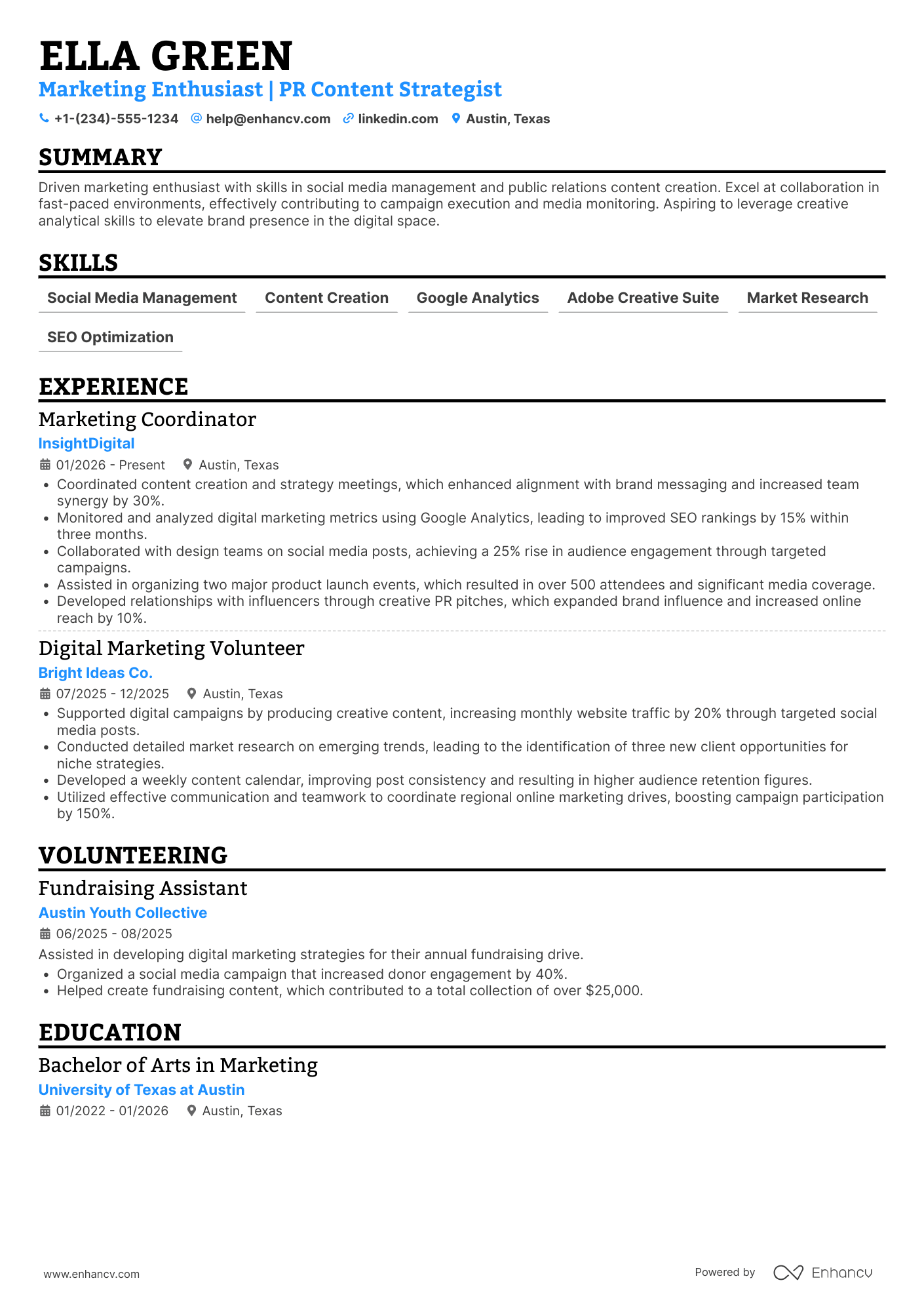 A resume example of a Marketing and Public Relations Intern