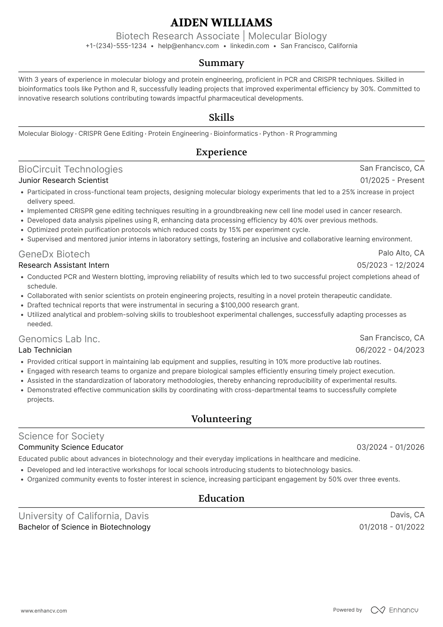 A resume example of a Postdoctoral Research Associate