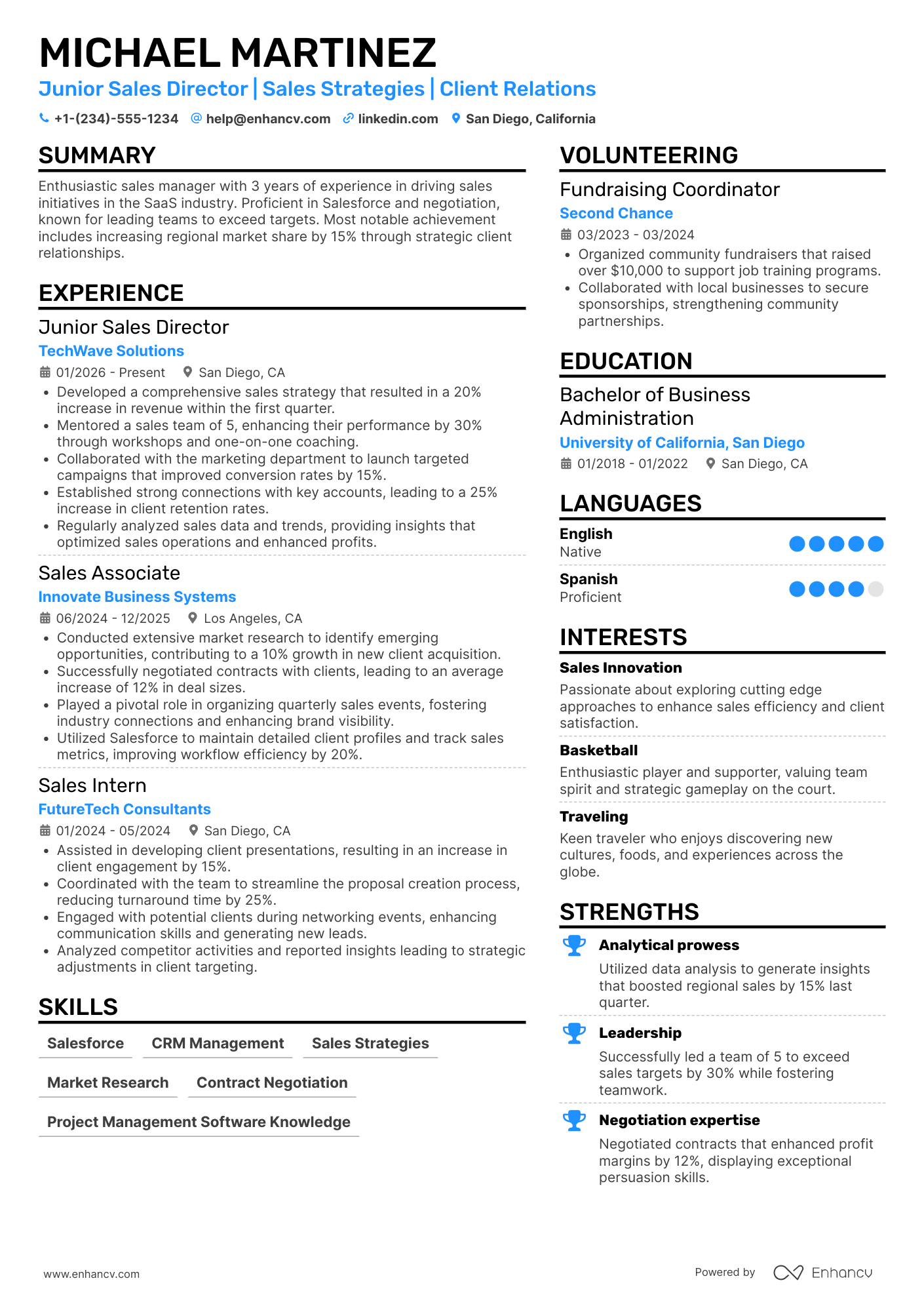 A resume example of a Junior Sales Director
