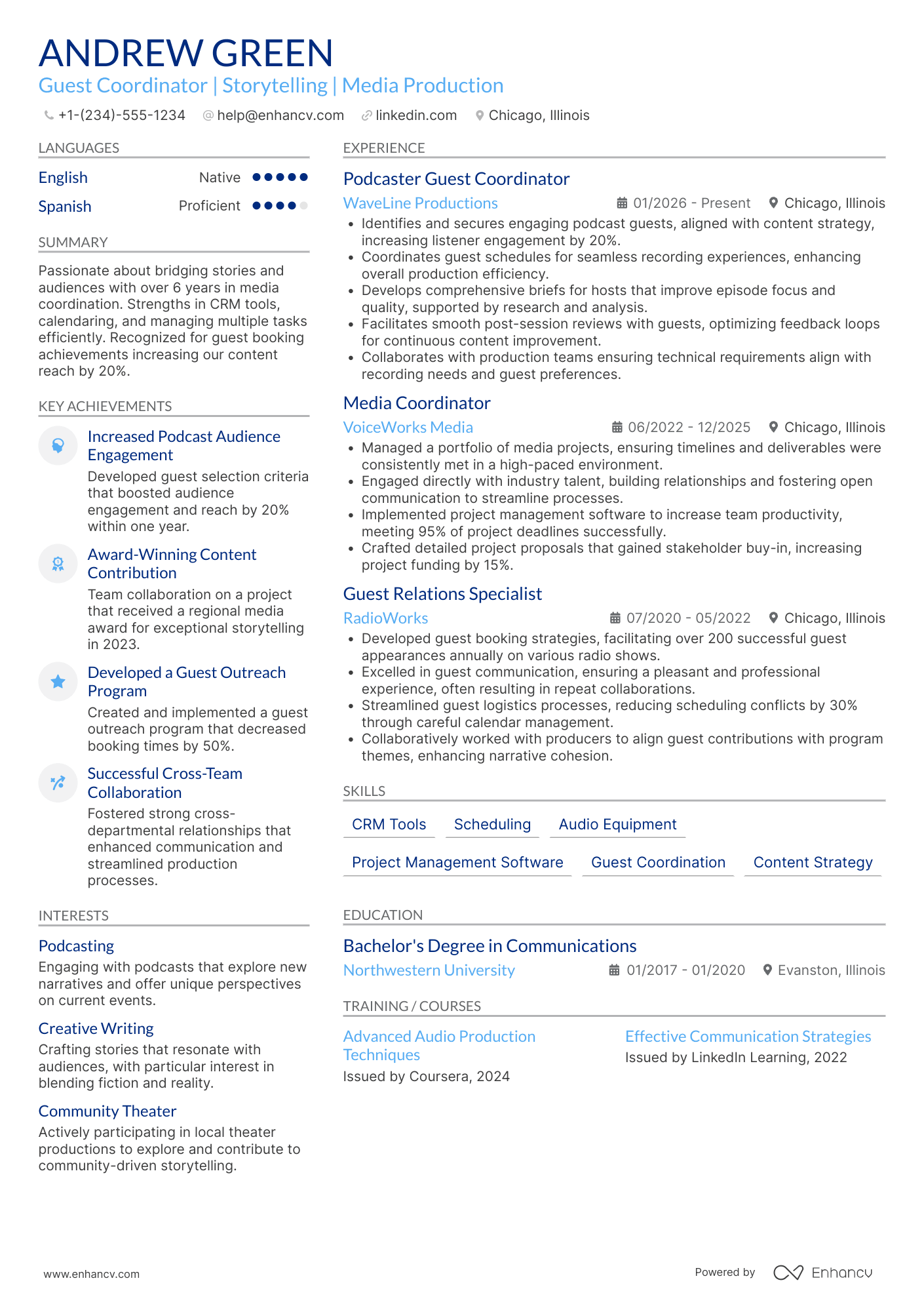 A resume example of a Podcaster Guest Coordinator