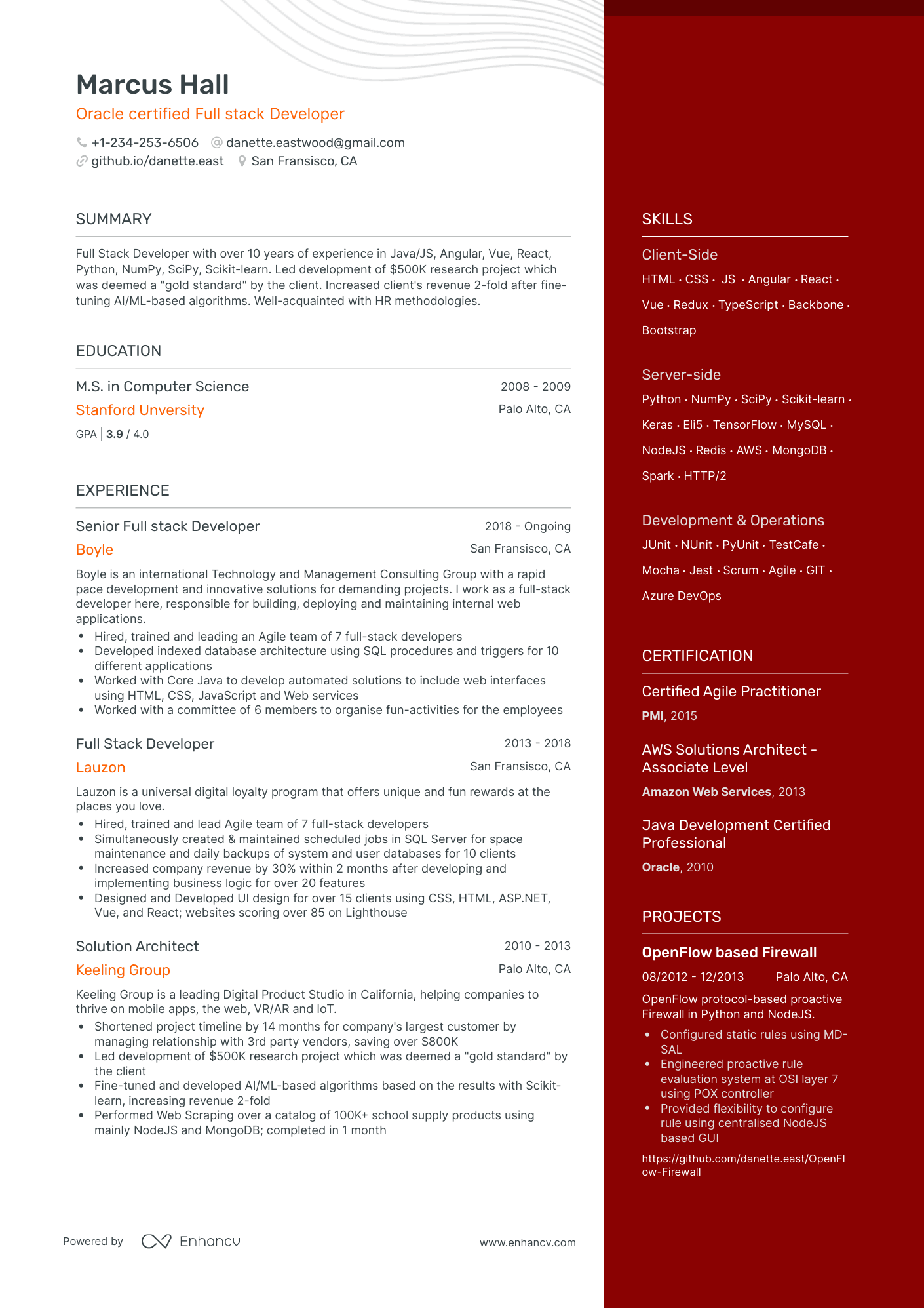 One Page Full Stack Developer Resume Template
