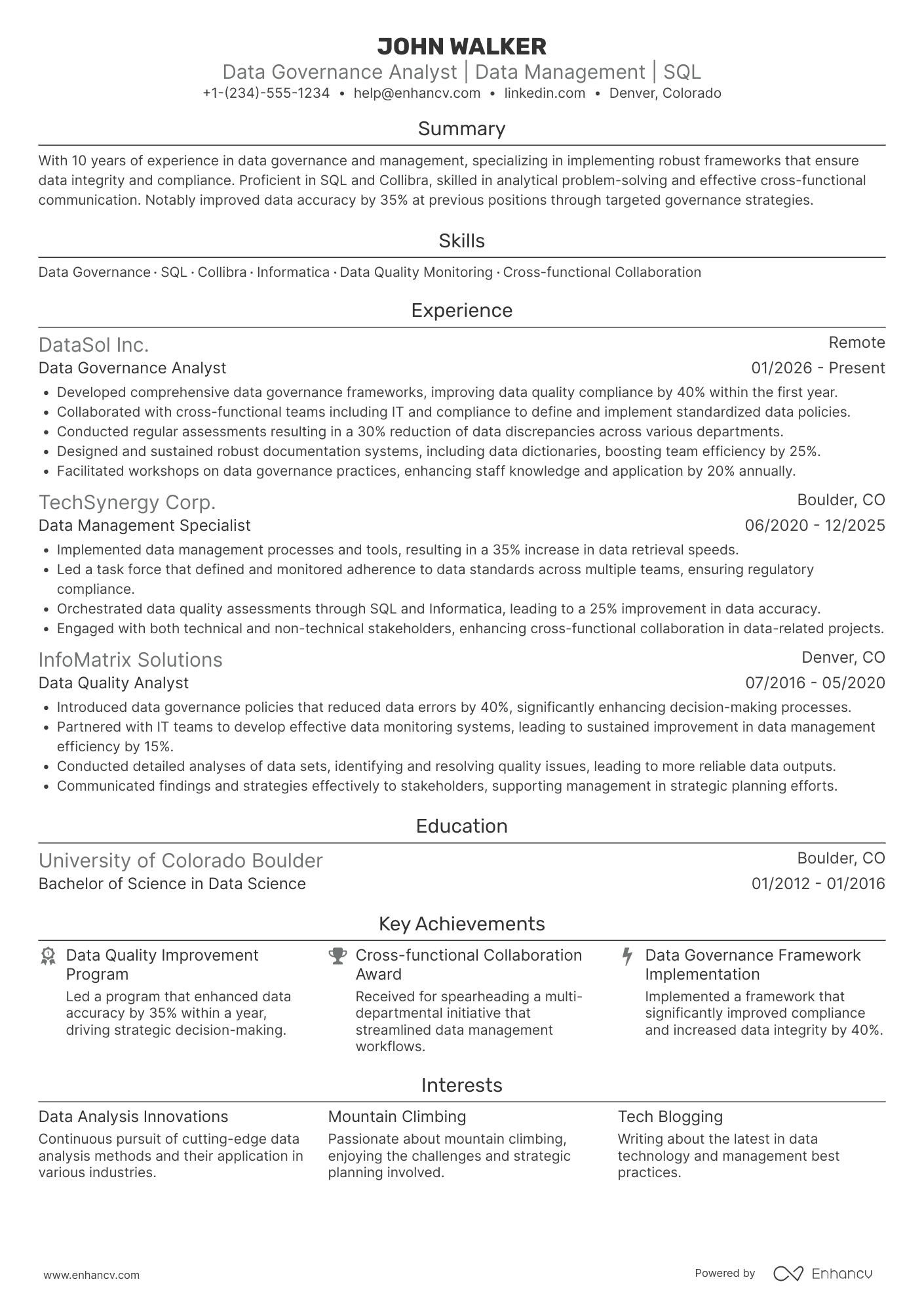 A resume example of a Data Governance Analyst