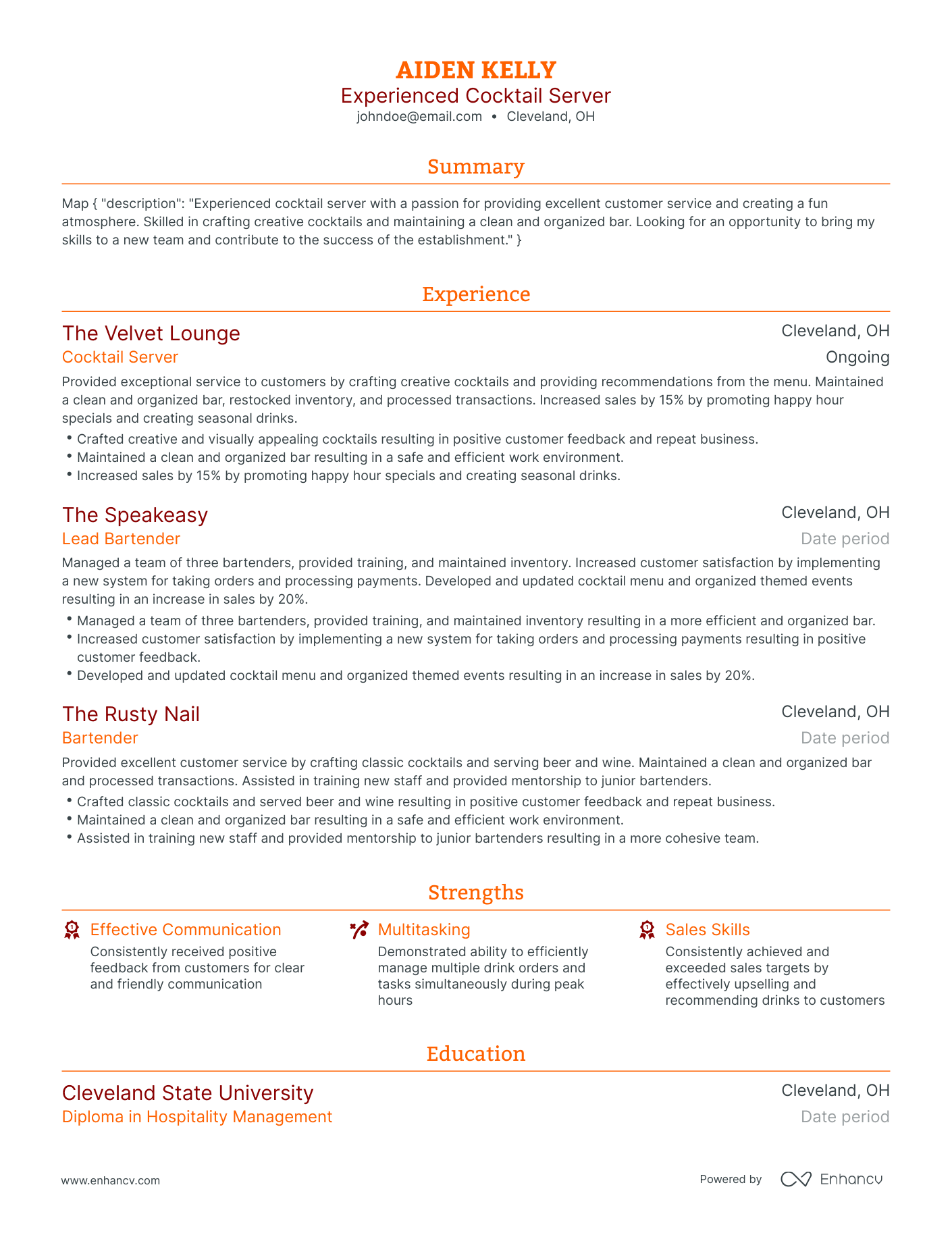 Traditional Cocktail Server Resume Template