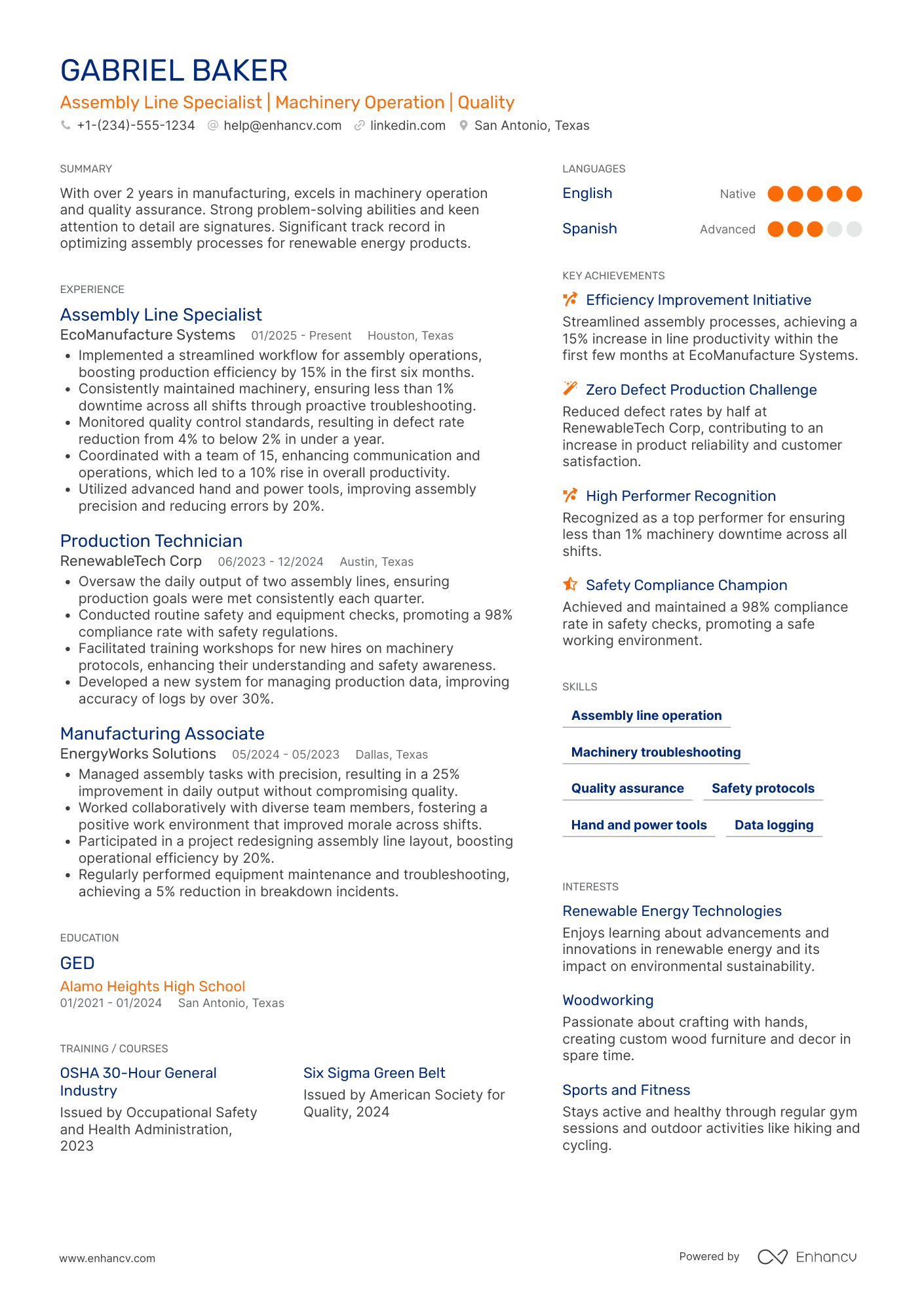 A resume example of a Factory Shift Worker